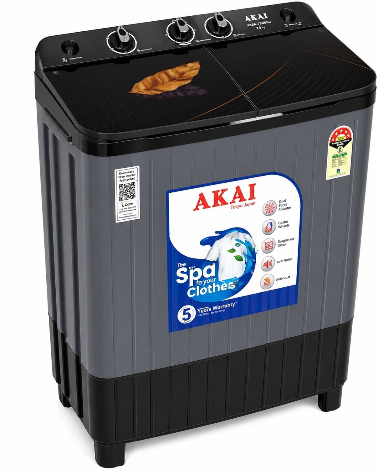 Akai 7.5 kg Semi Auto Top Load Grey Washing Machine - Image 2