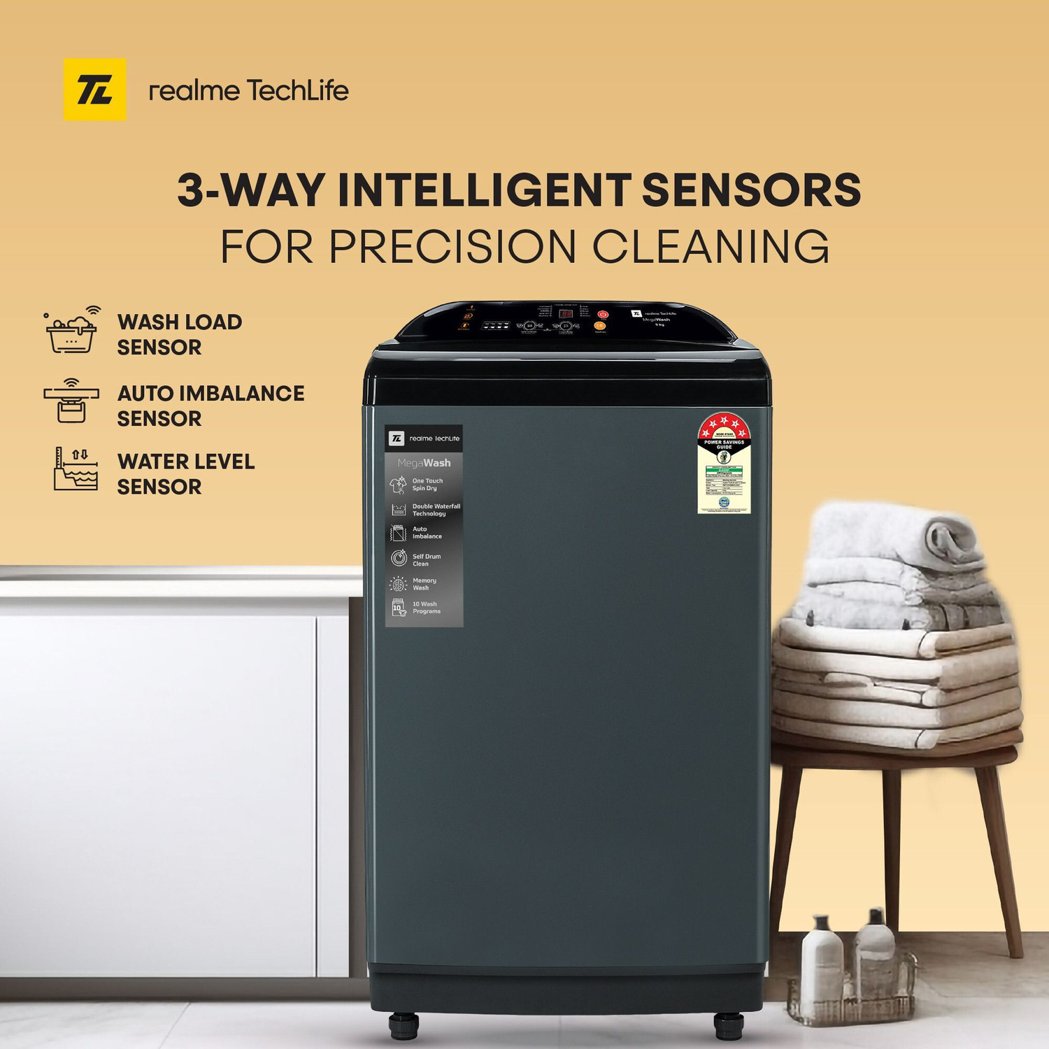 Image of realme TechLife 9 kg MegaWash Range Fully Automatic Top Load Washing Machine Grey