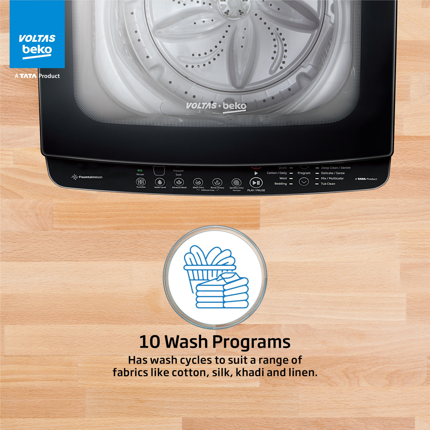 Image of Voltas Beko by A Tata Product 8 kg Eco Wash and Fountain Wash Fully Automatic Top Load Washing Machine Black, Grey