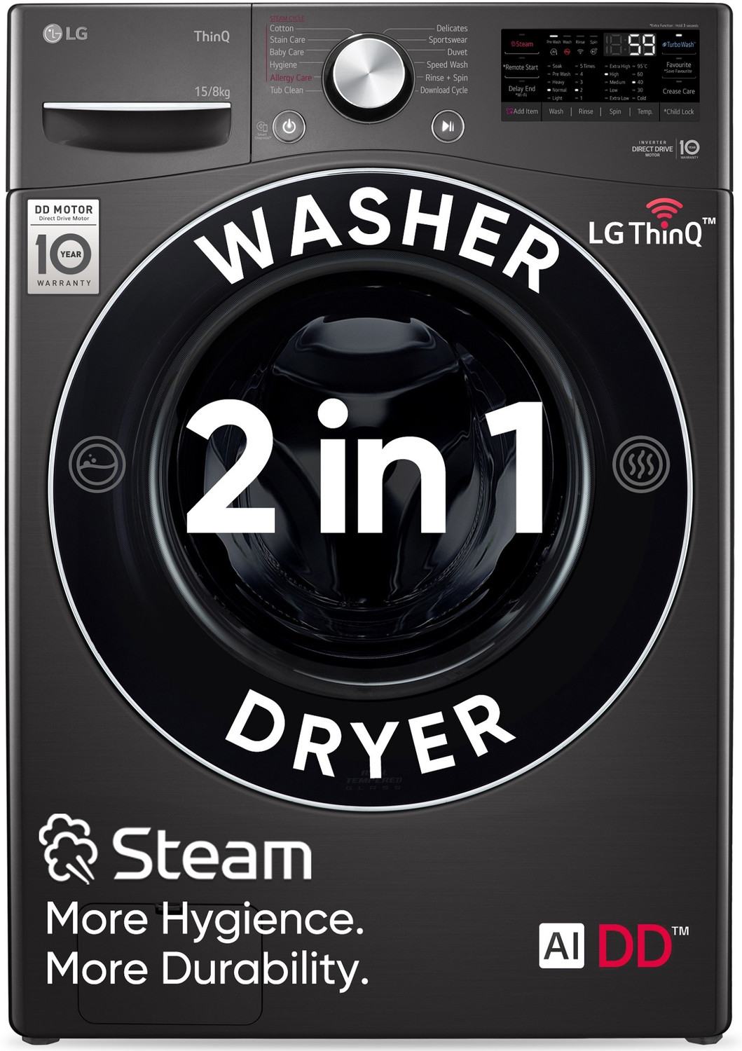 Image of LG 15 /8 kg Washer with Dryer Fully Automatic Front Load Washer Dryer with AI Direct Drive Technology, Wi-Fi Enabled, Allergy Removal with Steam & Turbo Wash Ready to Wear Clothes with In-built Heater Black