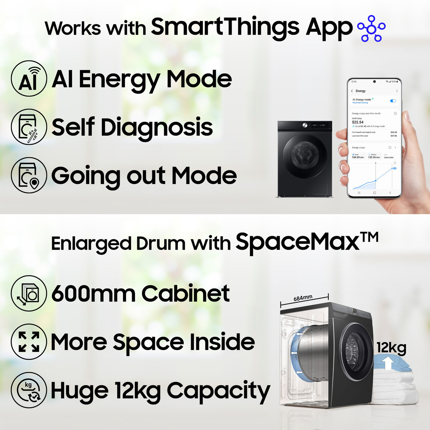 Image of Samsung 12 kg 5 Star, AI Ecobubble, Super Speed, Wi-Fi, Hygiene Steam, Digital Inverter Motor Fully Automatic Front Load Washing Machine with In-built Heater Black, Grey