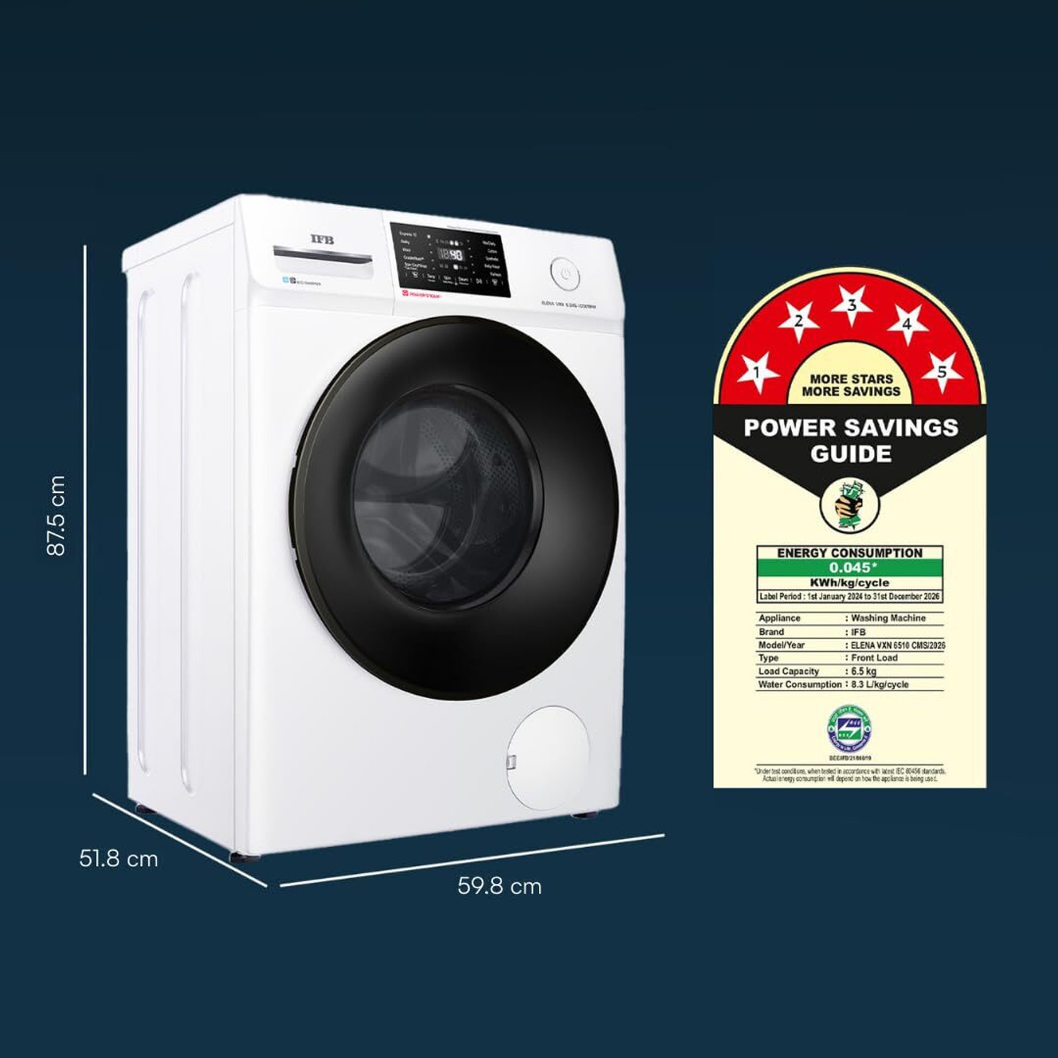 Image of IFB 6.5 kg 6.5 kg 5 Star with Steam Refresh program, 9 Swirl Wash, Eco Inverter, Powered by AI with Power Steam Fully Automatic Front Load with In-built Heater White Fully Automatic Front Load Washing Machine White