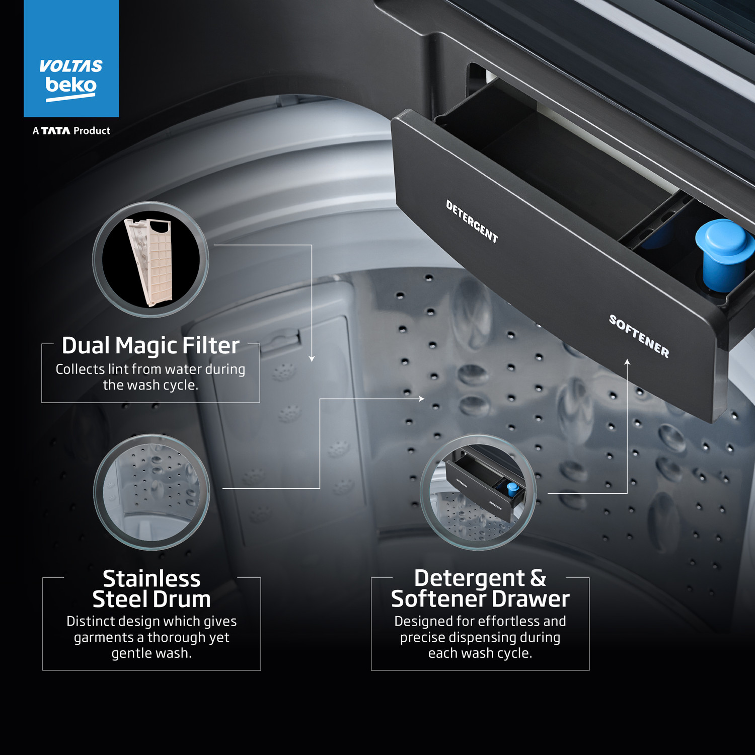 Image of Voltas Beko 8 kg Fully Automatic Top Load Washing Machine with In-built Heater Grey
