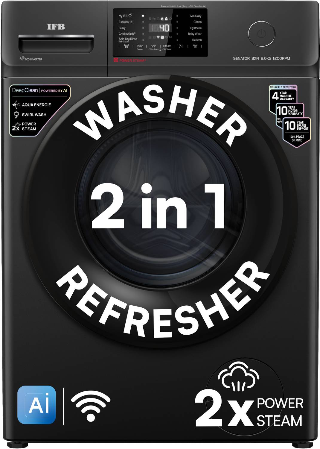 IFB 8 kg 5 Star with Steam Refresh program, 9 Swirl Wash, Eco Inv