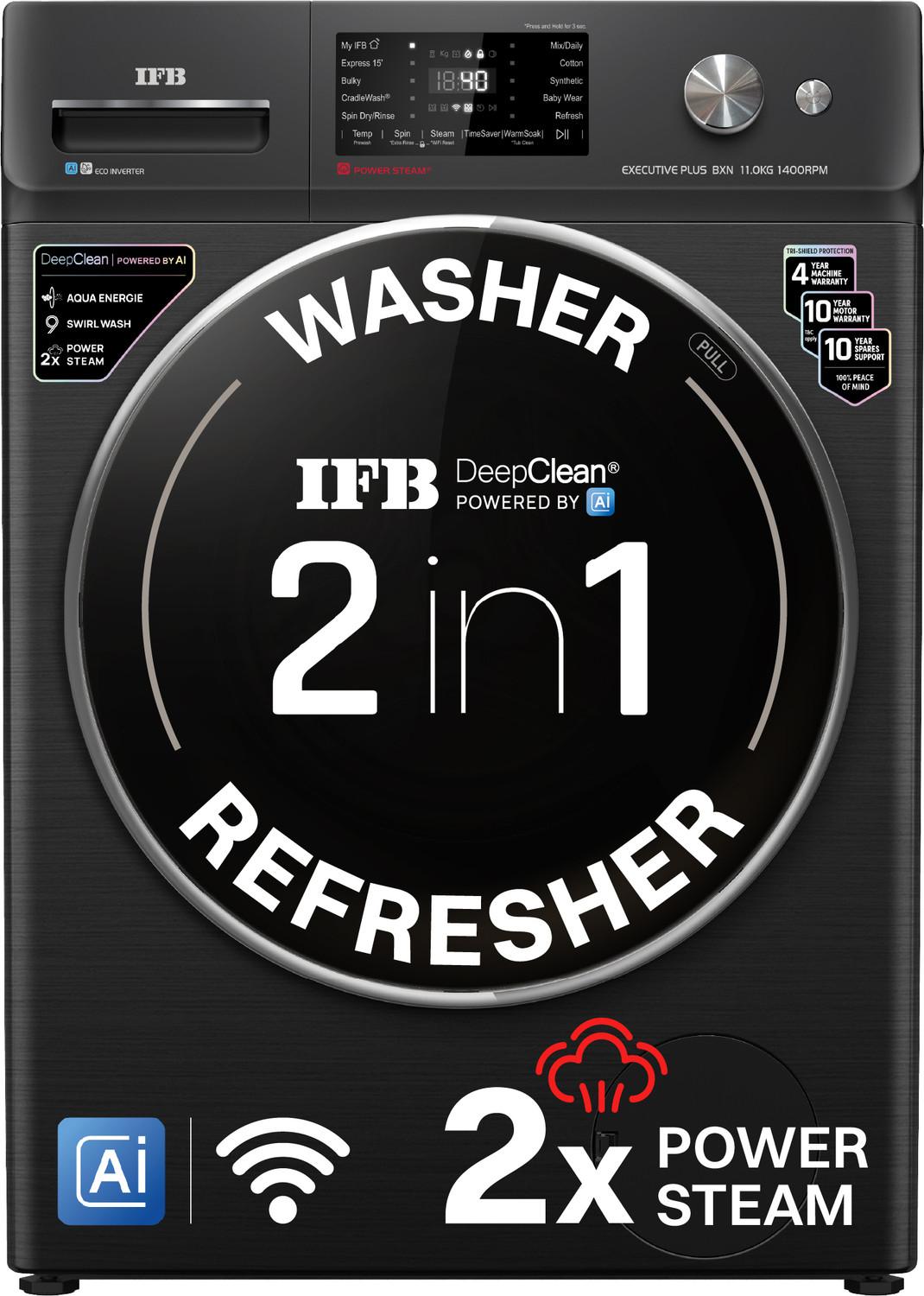 Image of IFB 11 kg with 9 Swirl Wash, 2x Power Steam, Steam Refresh Program, Eco Inverter Motor, WiFi Enabled, DeepClean Powered by Ai Fully Automatic Front Load Washing Machine with In-built Heater Black