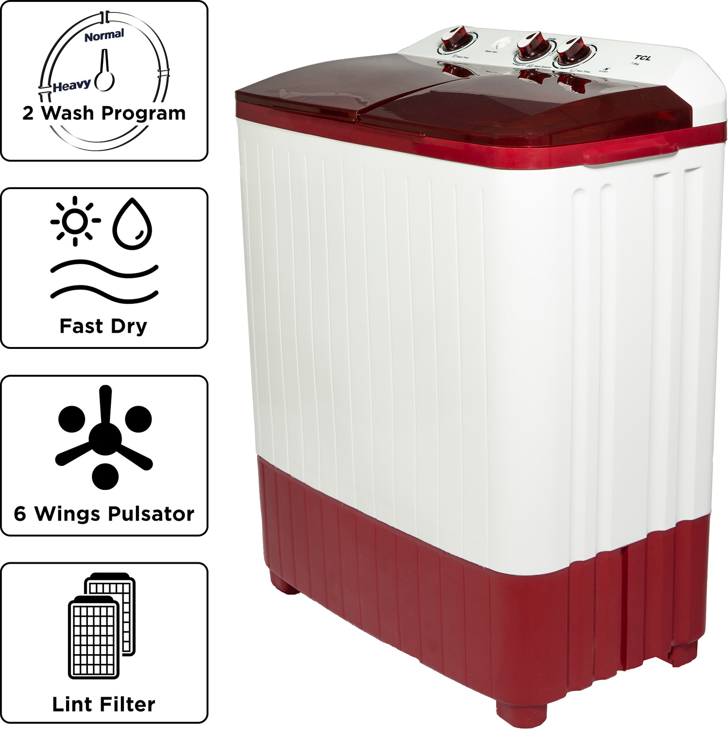 Image of TCL 7 kg 5 Star with Extra Powerful Motor Lint Filter, Fast Dry Semi Automatic Top Load Washing Machine White