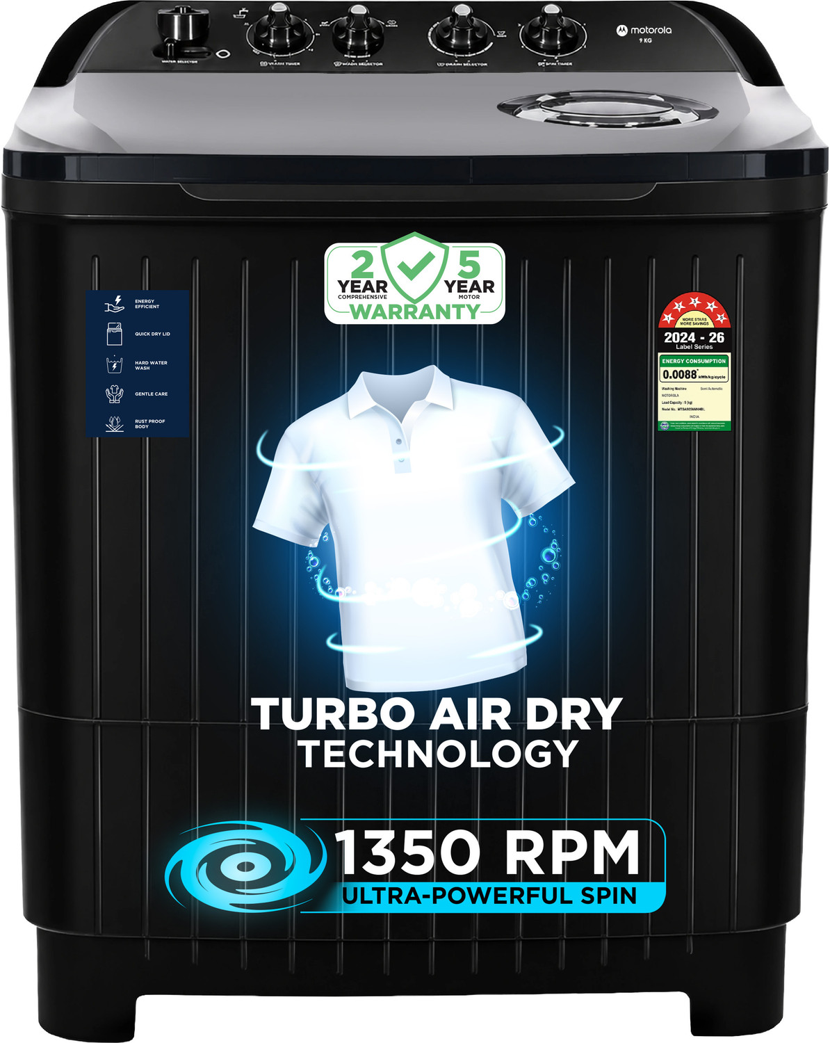 Image of MOTOROLA 9 kg Semi Automatic Top Load Washing Machine Black