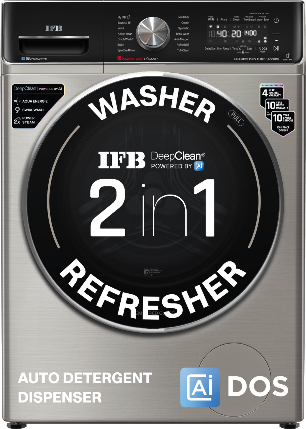 Image of IFB 11 kg 5 Star with AI DOS - Auto Detergent Dispensing, Oxyjet Technology, 30 min Steam Refresh Program, 9 Swirl Wash Mimic Handwashing, Eco Inverter, Touch Panel with WiFi Fully Automatic Front Load Washing Machine with In-built Heater Silver
