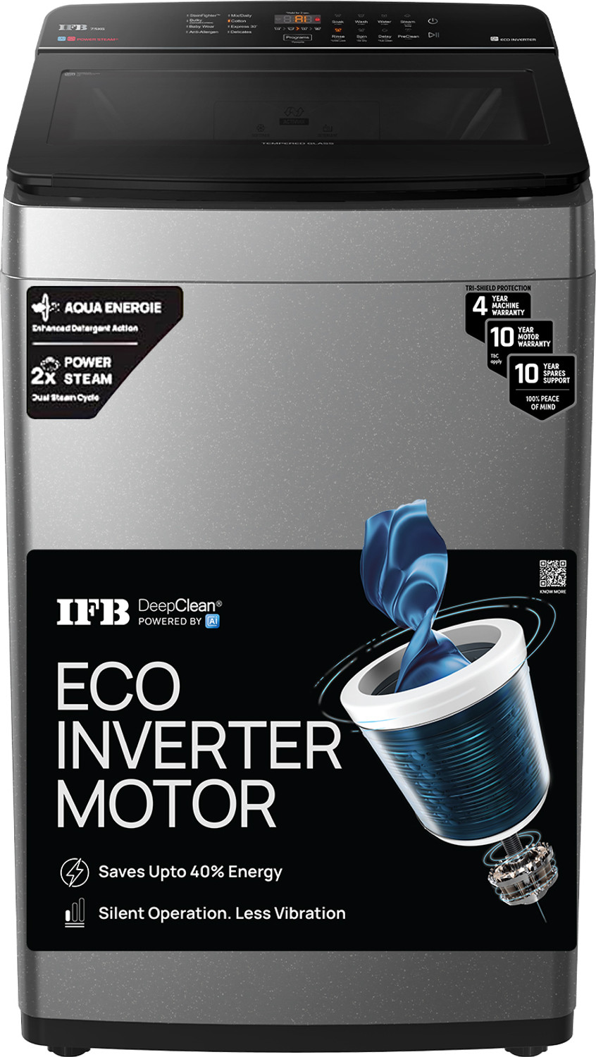 Image of IFB 7.5 kg 5 Star AI Powered Deepclean Technology with Eco Inverter, Power Steam, Inbuilt Heater, Activmix Fully Automatic Top Load Washing Machine with In-built Heater Silver