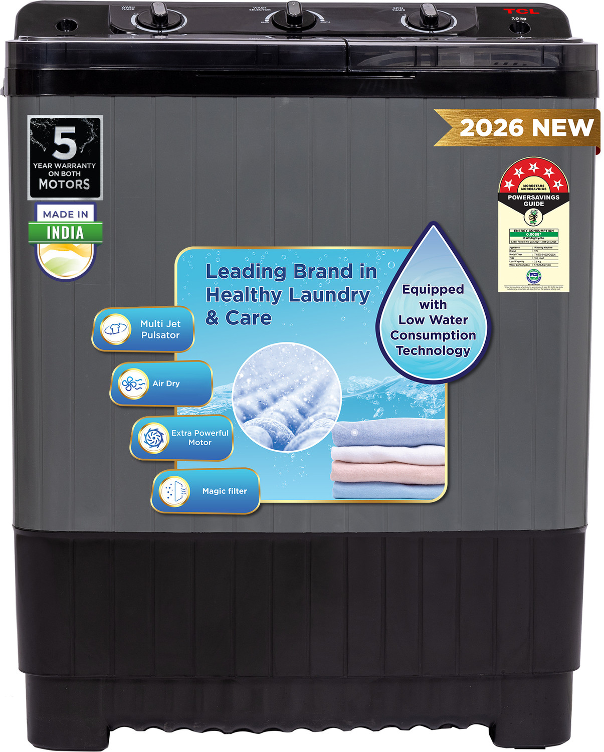 Image of TCL 7 kg 5 Star with Extra Powerful Motor, Magic & Lint Filter, Multi Jet Pulsator and Fast Dry Semi Automatic Top Load Washing Machine Black