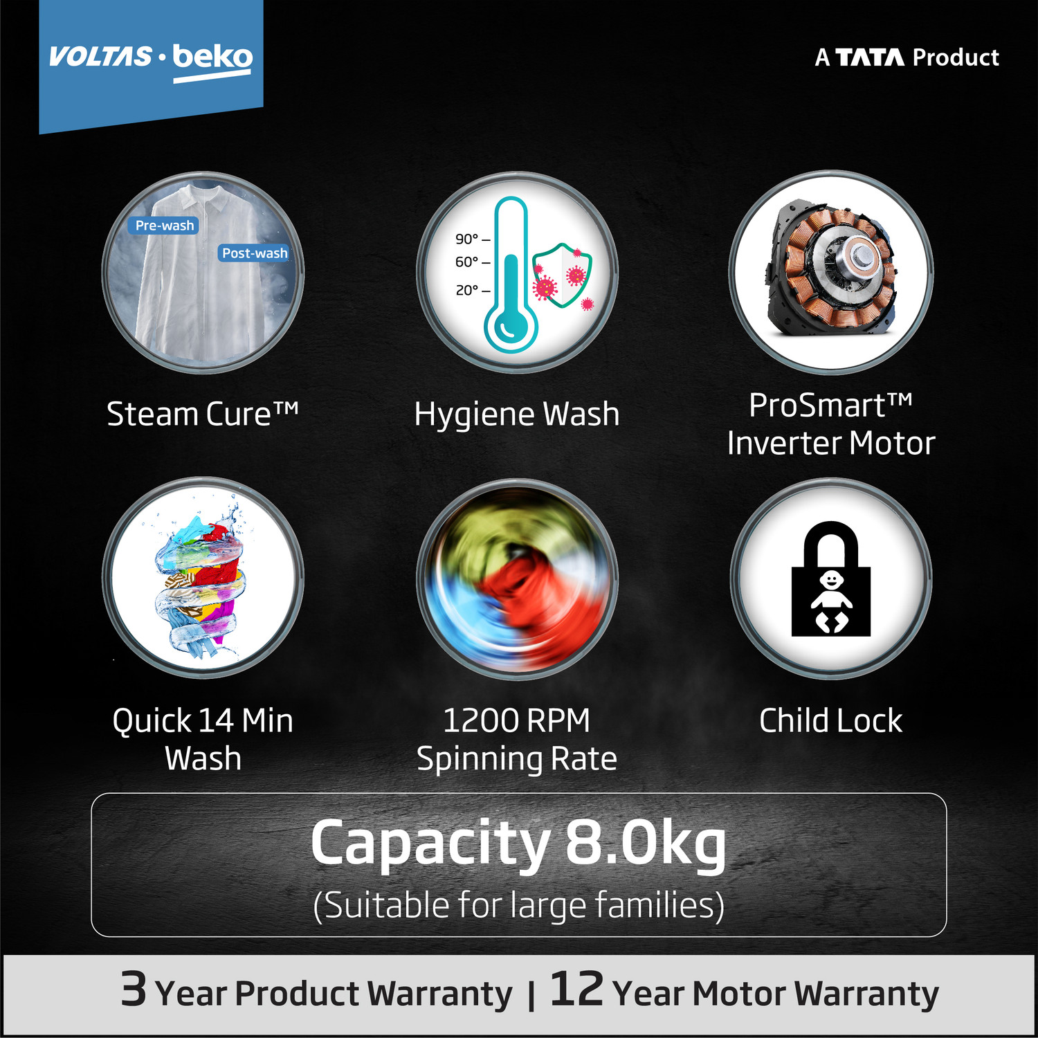 Image of Voltas Beko by A Tata Product 8 kg 5 star Fully Automatic Front Load Washing Machine with In-built Heater White