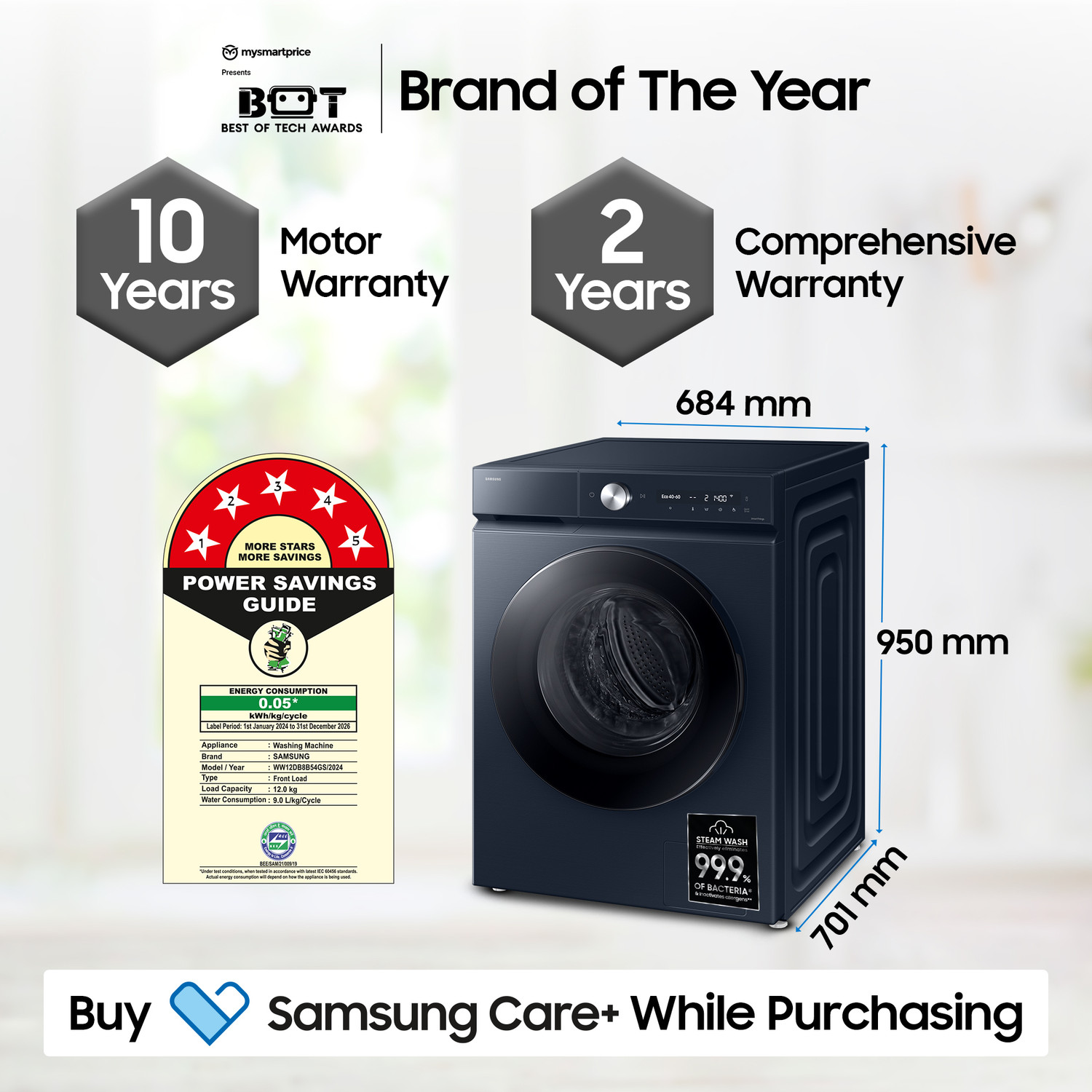 Image of Samsung 12 kg Fully Automatic Front Load Washing Machine with In-built Heater Black, Blue