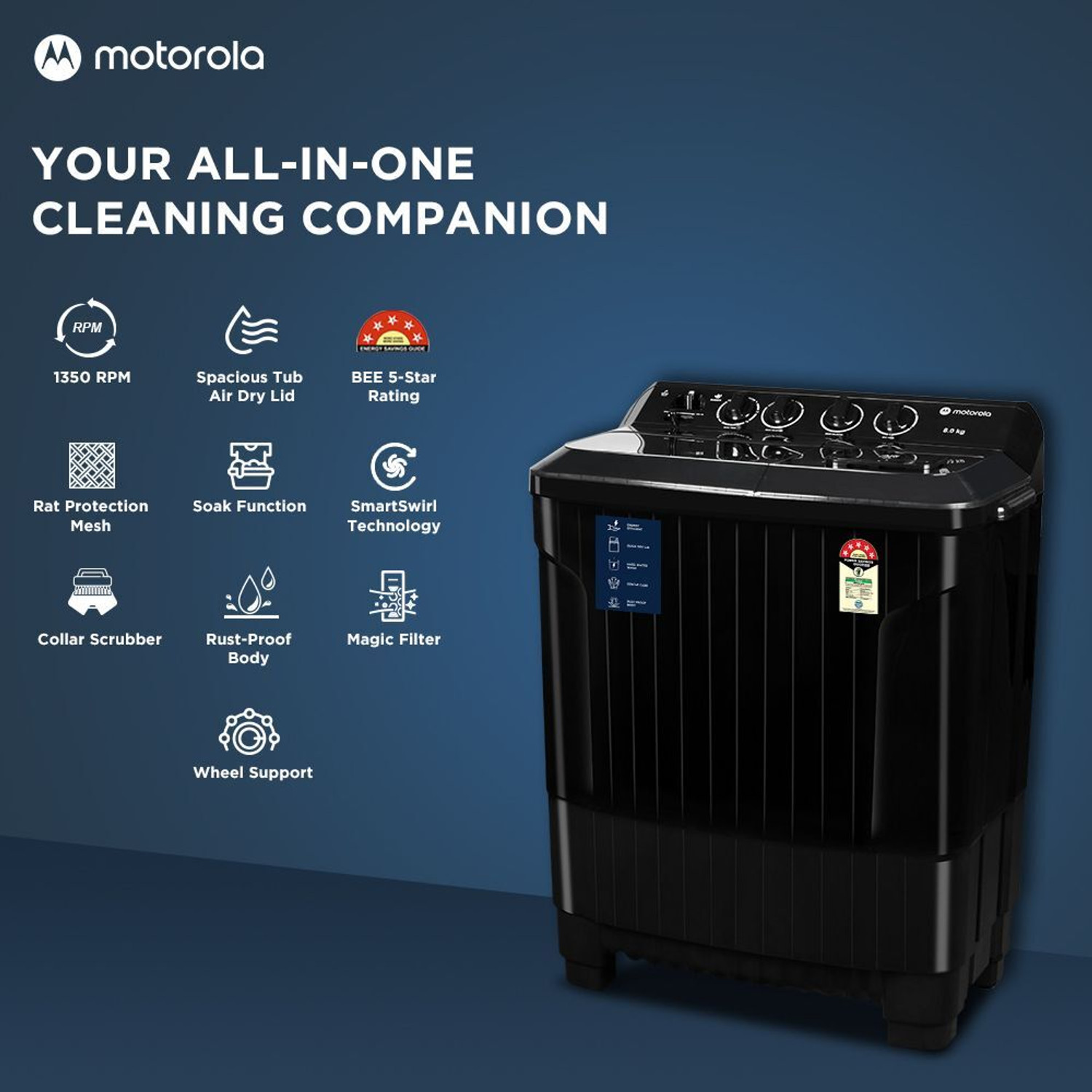 Image of MOTOROLA 8 kg 5 star rating Midnight Series Semi Automatic Top Load Washing Machine Black