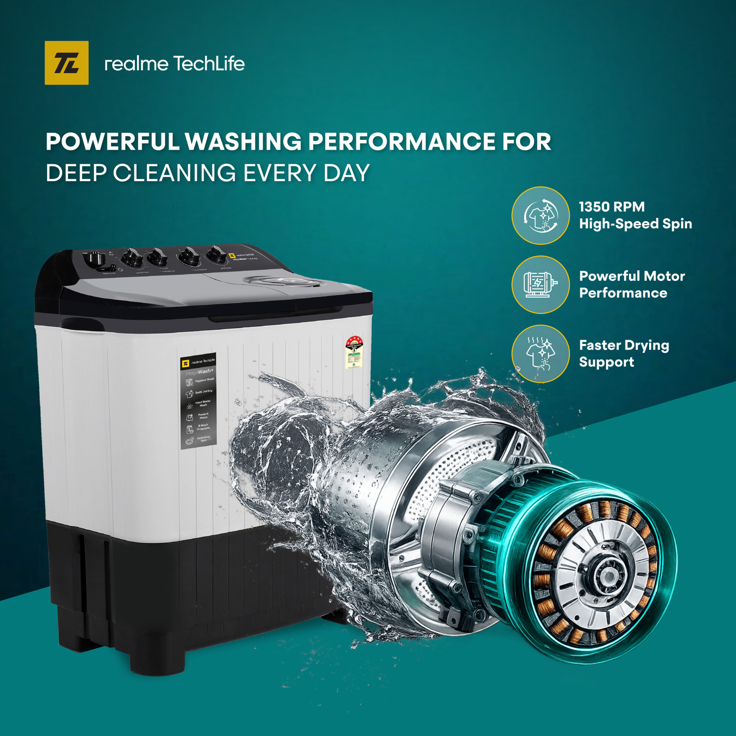 Image of realme TechLife 8.5 kg Semi Automatic Top Load Washing Machine Black, Grey