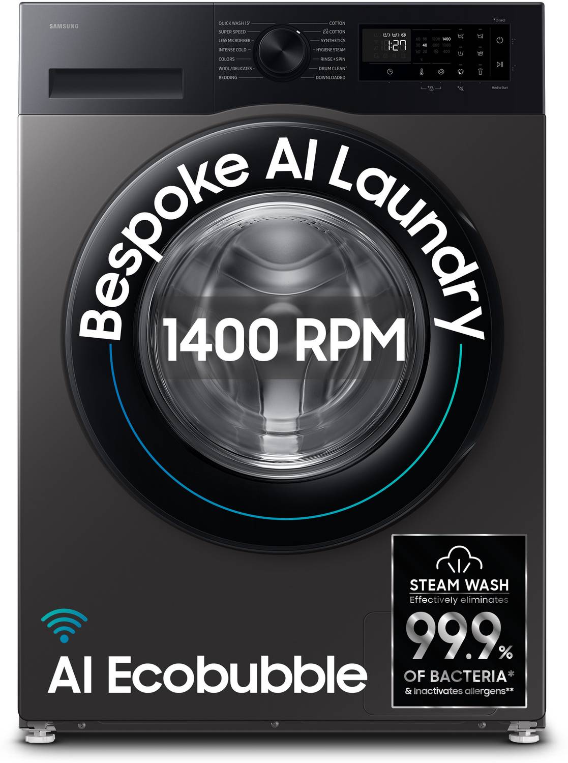 Samsung 12 kg 5 Star, AI Ecobubble, Super Speed, Wi-Fi, Hygiene Steam, Digital Inverter Motor Fully Automatic Front Load Washing Machine with In-built Heater Black, Grey