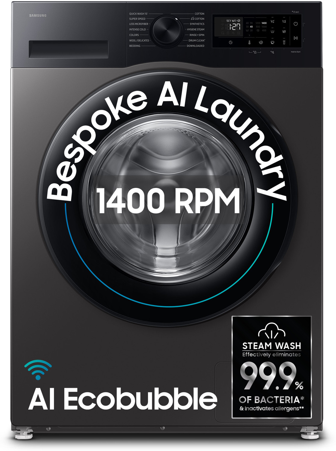 Image of Samsung 12 kg 5 Star, AI Ecobubble, Super Speed, Wi-Fi, Hygiene Steam, Digital Inverter Motor Fully Automatic Front Load Washing Machine with In-built Heater Black, Grey