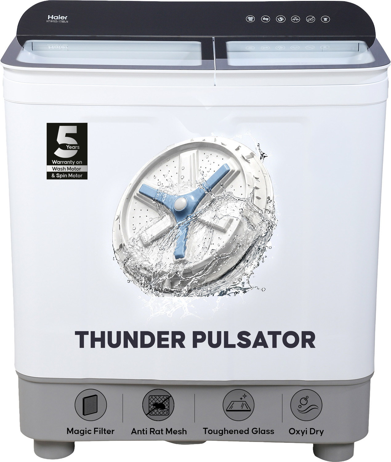 Image of Haier 10.5 kg Thunder Pulsator, Toughened Glass Lid, Oxyi Dry, Magic Filter & Castor Wheels Semi Automatic Top Load Washing Machine White