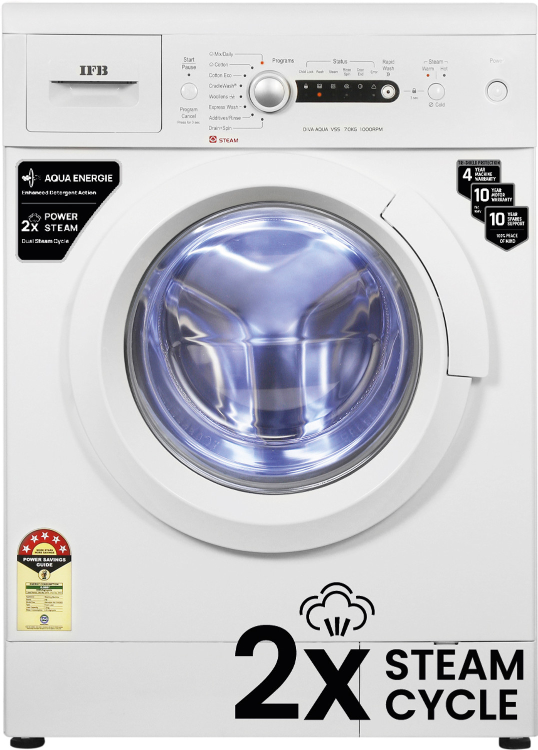 Image of IFB 7 kg 5 Star 2X Power Steam,Hard Water Wash Fully Automatic Front Load Washing Machine with In-built Heater White