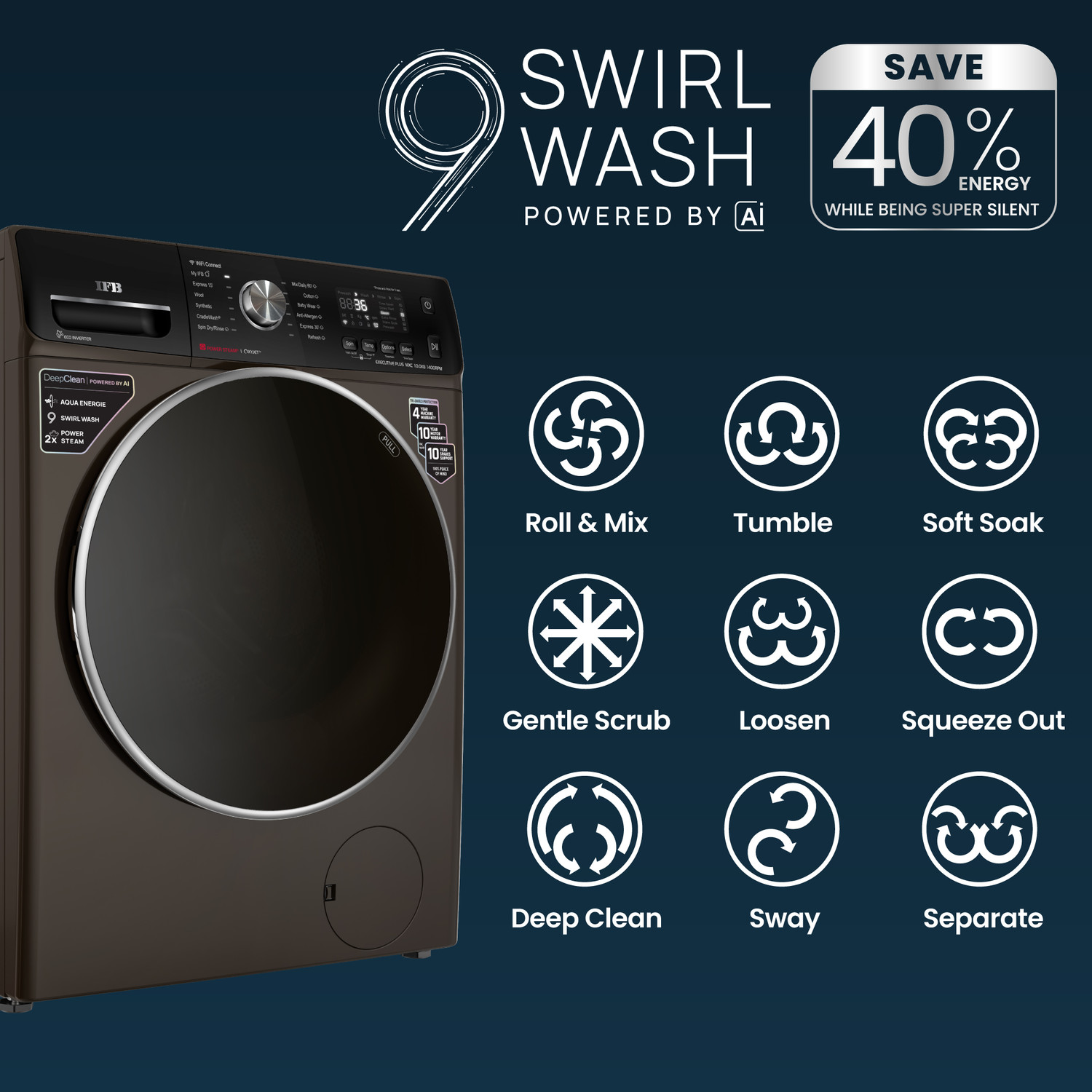 Image of IFB 10 kg 5 Star with Steam Refresh program, 9 Swirl Wash, Eco Inverter, with AI Fully Automatic Front Load Washing Machine with In-built Heater Black