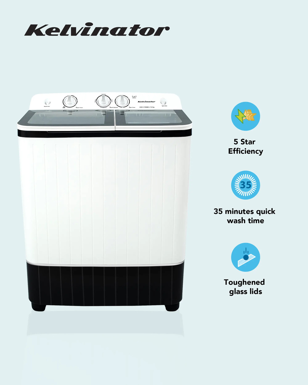 Image of Kelvinator 7 kg Semi Automatic Top Load Washing Machine with In-built Heater Grey
