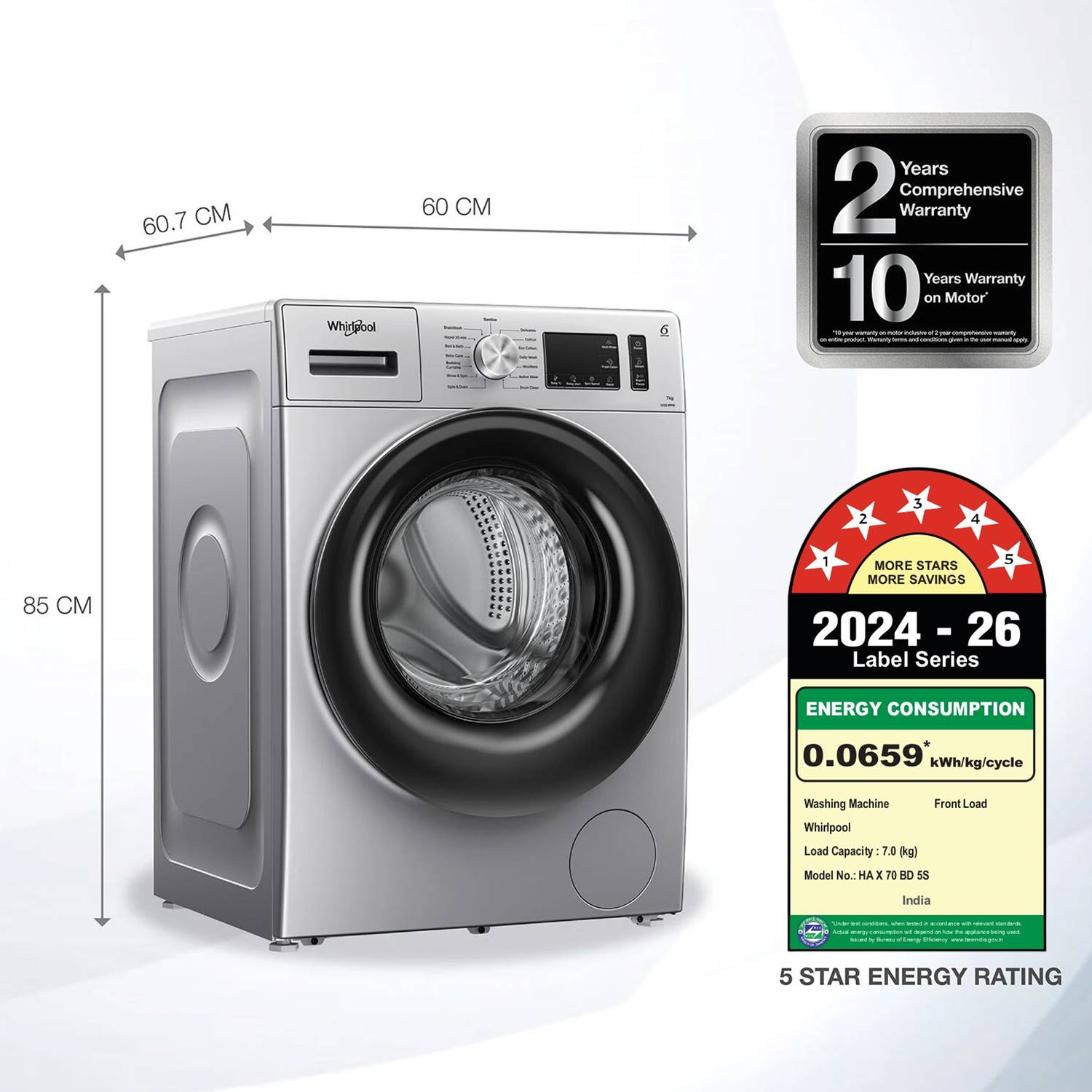 Whirlpool 7 kg 5 Star Inverter Front Load Washing Machine Silver - Image 2