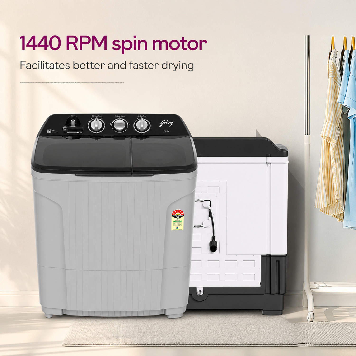 Image of Godrej 7.5 kg Semi Automatic Top Load Washing Machine Black, Grey