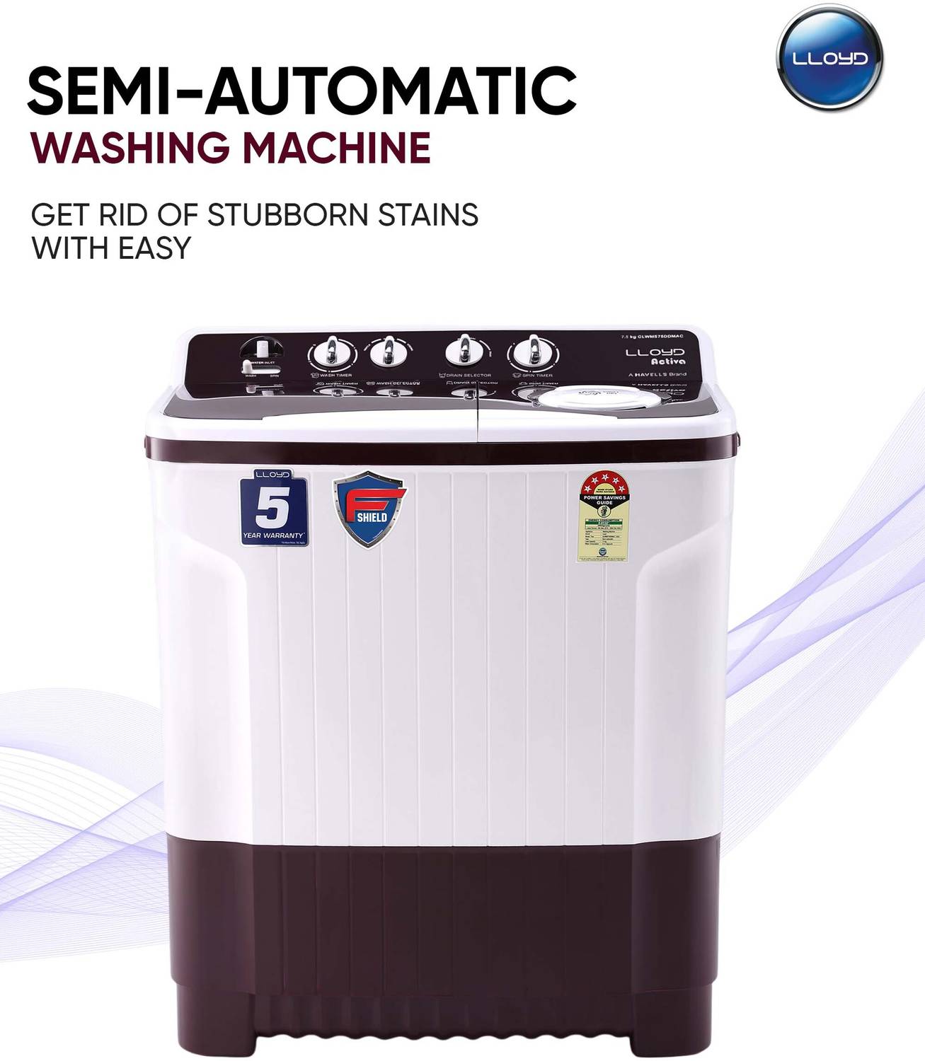 Lloyd by Havells 7.5 kg |1300 RPM|Soak Function|3 Wash Programs|Swift Dry|Magic Filter, Semi Automatic Top Load Washing Machine Maroon, White
