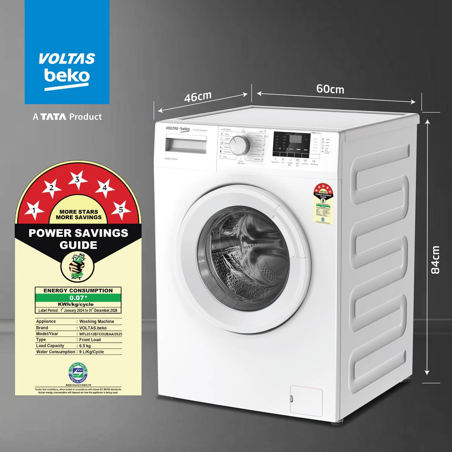 Voltas 6.5 kg 5 Star Front Load Washing Machine White - Image 4