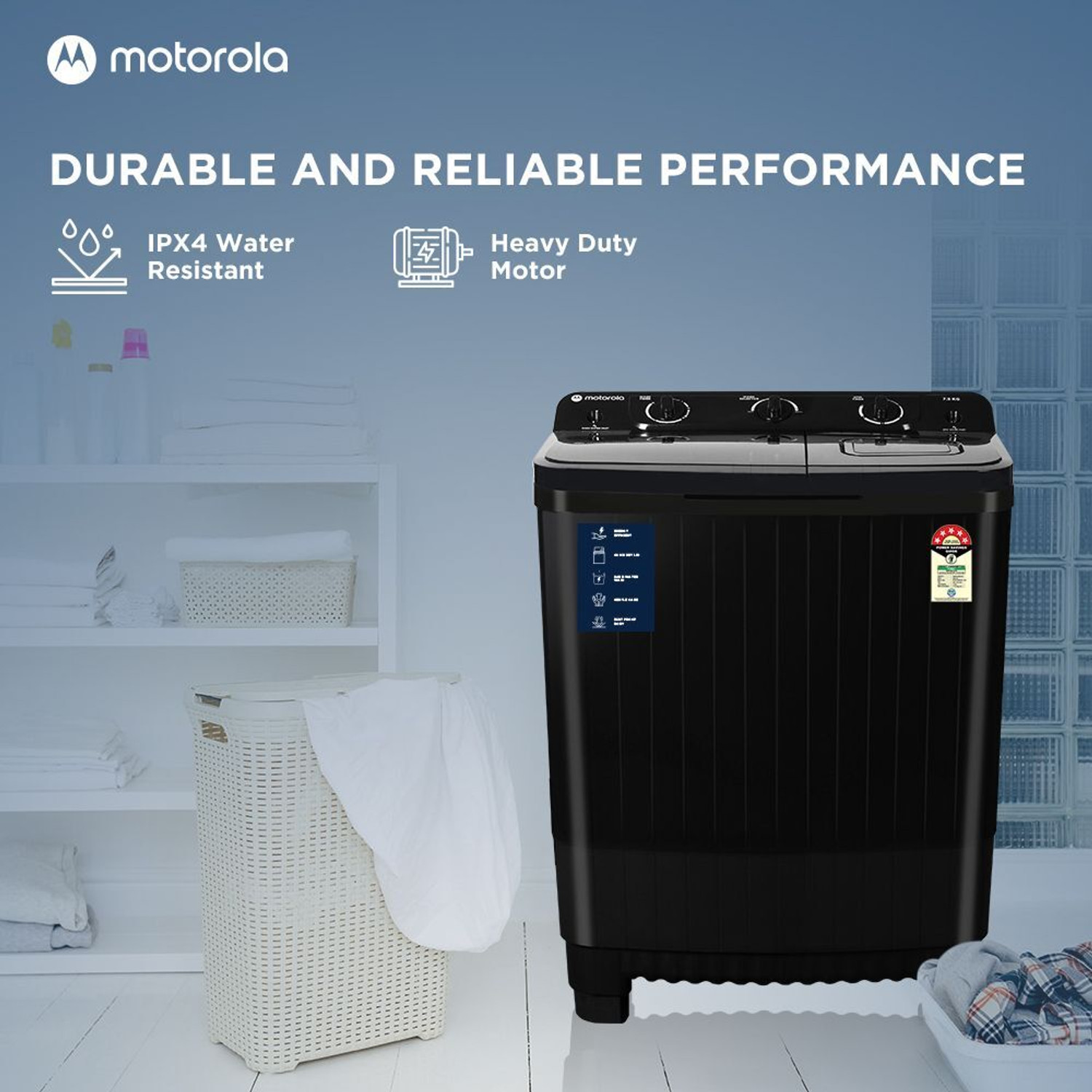 Image of MOTOROLA 7.5 kg 5 star rating Midnight Series Semi Automatic Top Load Washing Machine Black
