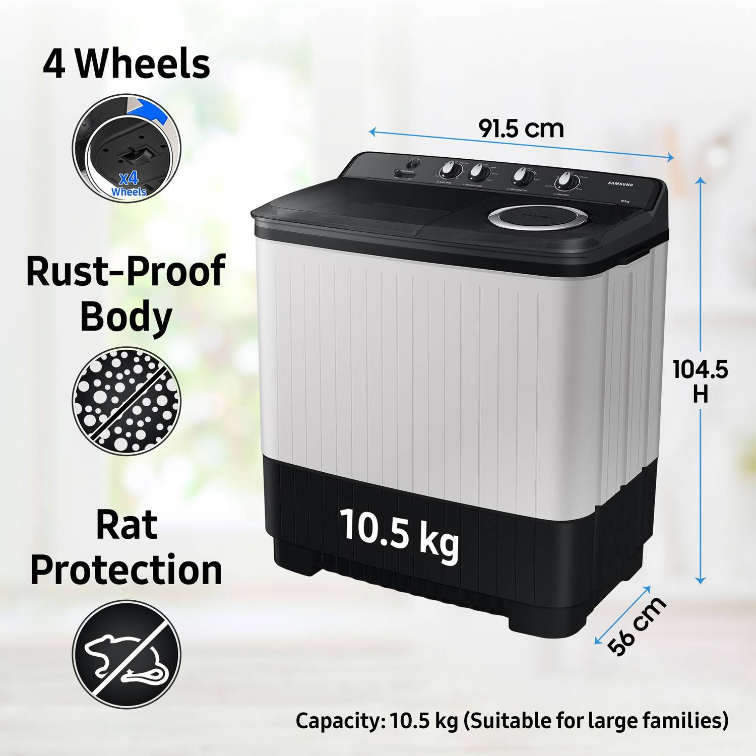 Samsung 10.5 kg Semi Automatic Top Load Washing Machine Black - Image 5