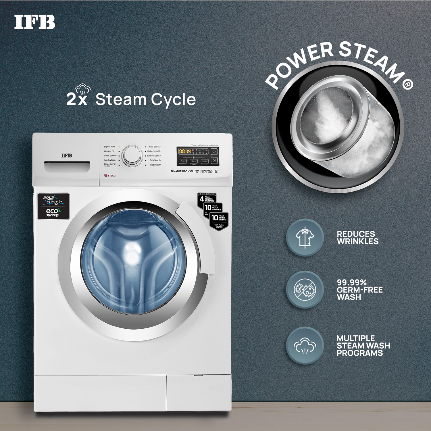 Image of IFB 8 kg Powered by AI, 5 Star,� with 2x Steam Cycle Fully Automatic Front Load Washing Machine with In-built Heater White