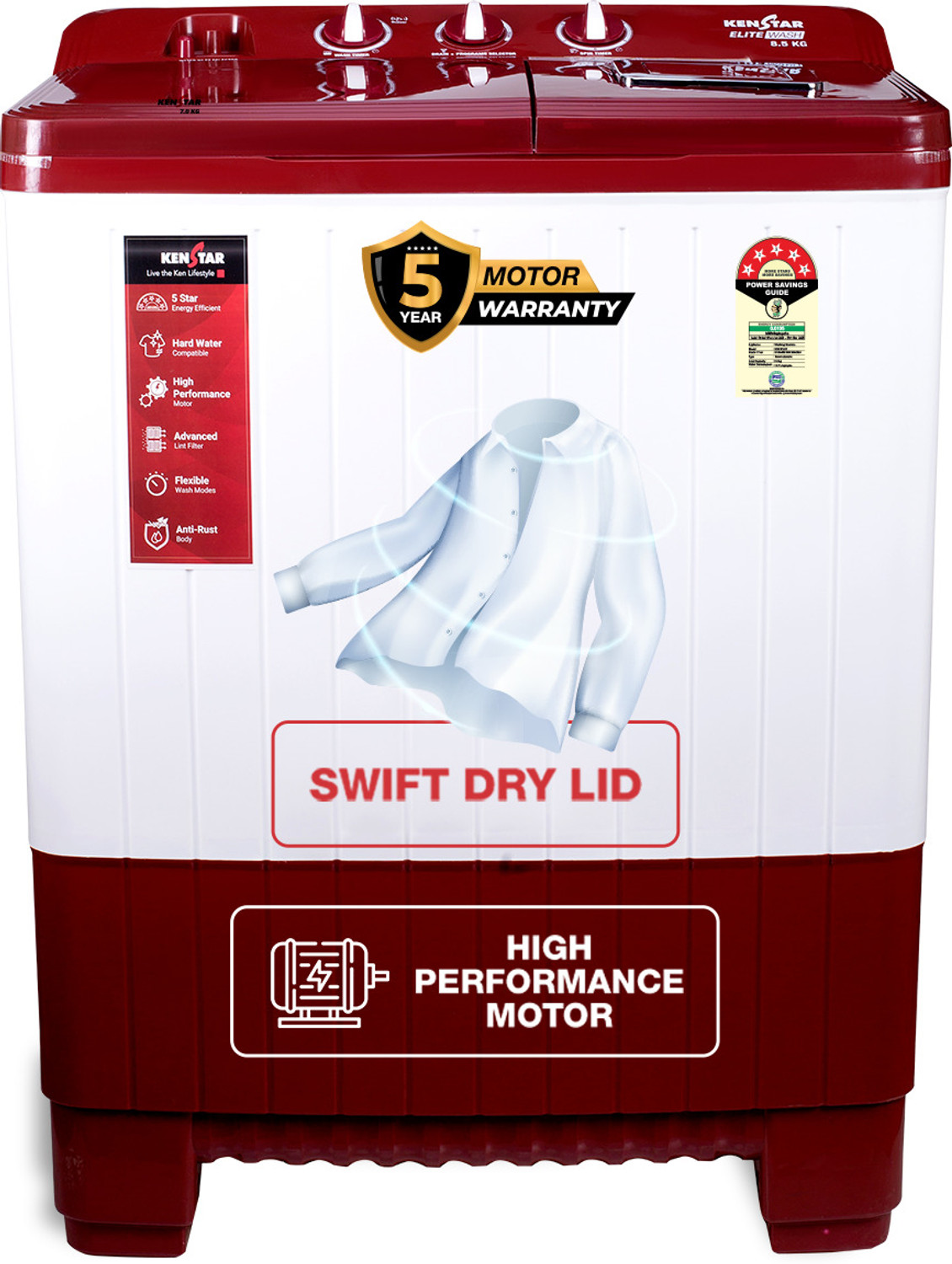 Image of Kenstar 8.5 Kg Swift Dry Lid Semi Automatic Top Load Washing Machine White, Red