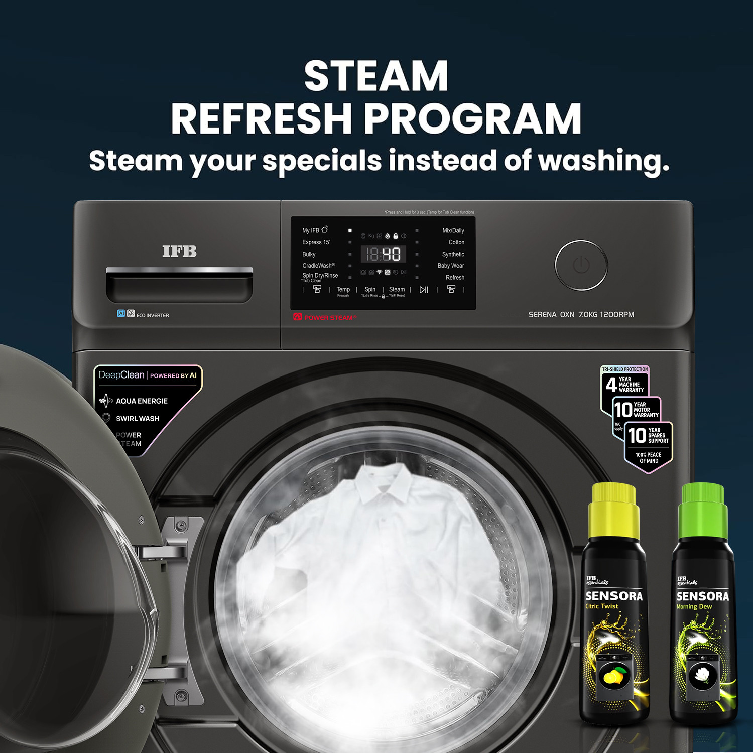 Image of IFB 7 kg 5 Star with Steam Refresh Program, 9 Swirl wash, Eco Inverter, Powered by AI with WiFi Fully Automatic Front Load Washing Machine with In-built Heater Black