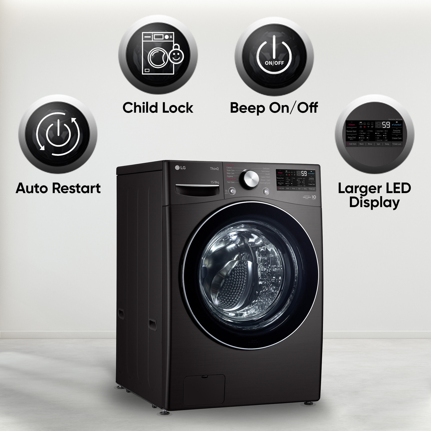 Image of LG 15 /8 kg Washer with Dryer Fully Automatic Front Load Washer Dryer with AI Direct Drive Technology, Wi-Fi Enabled, Allergy Removal with Steam & Turbo Wash Ready to Wear Clothes with In-built Heater Black