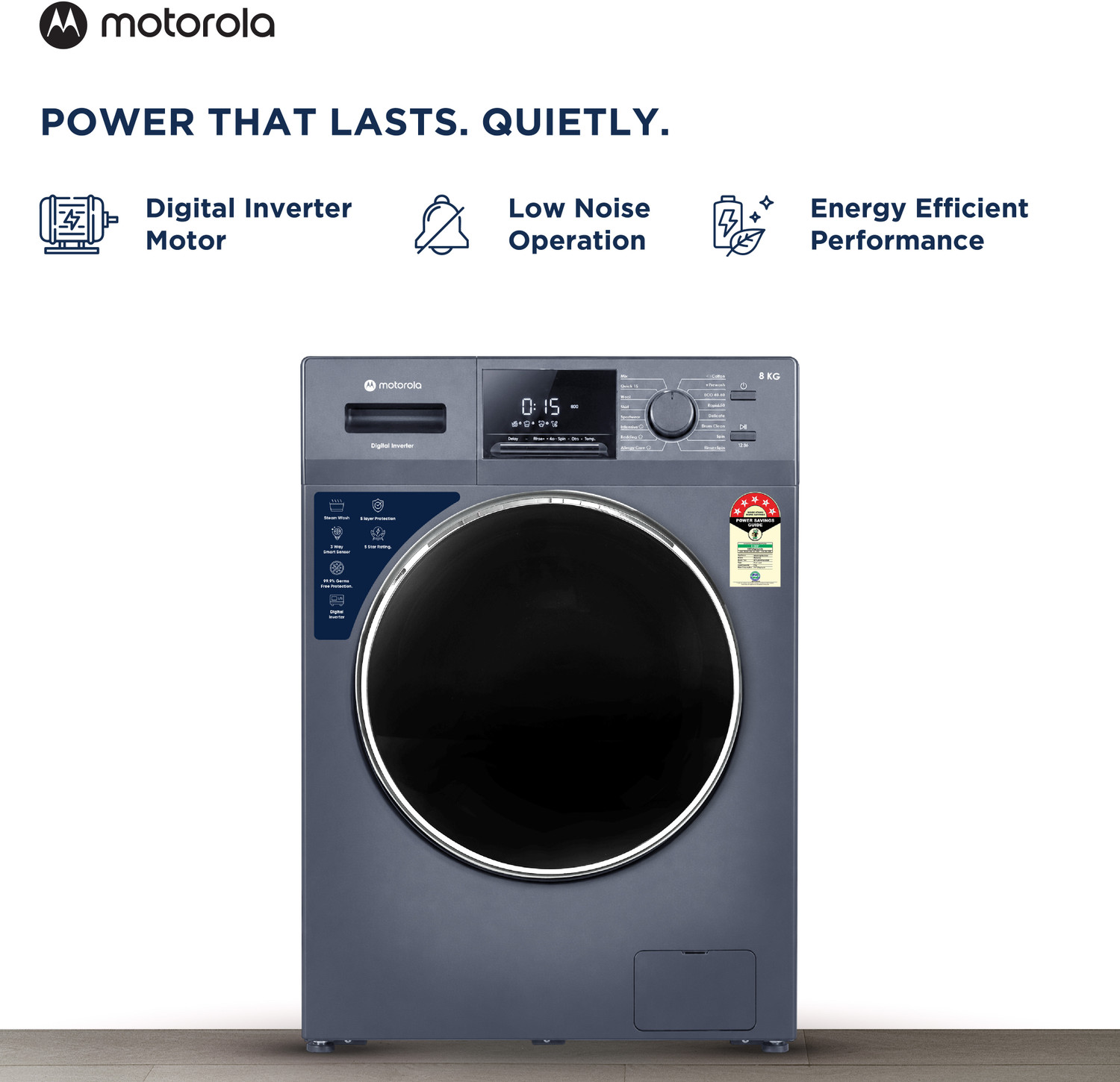 Image of MOTOROLA 9 kg Fully Automatic Front Load Washing Machine with In-built Heater Blue