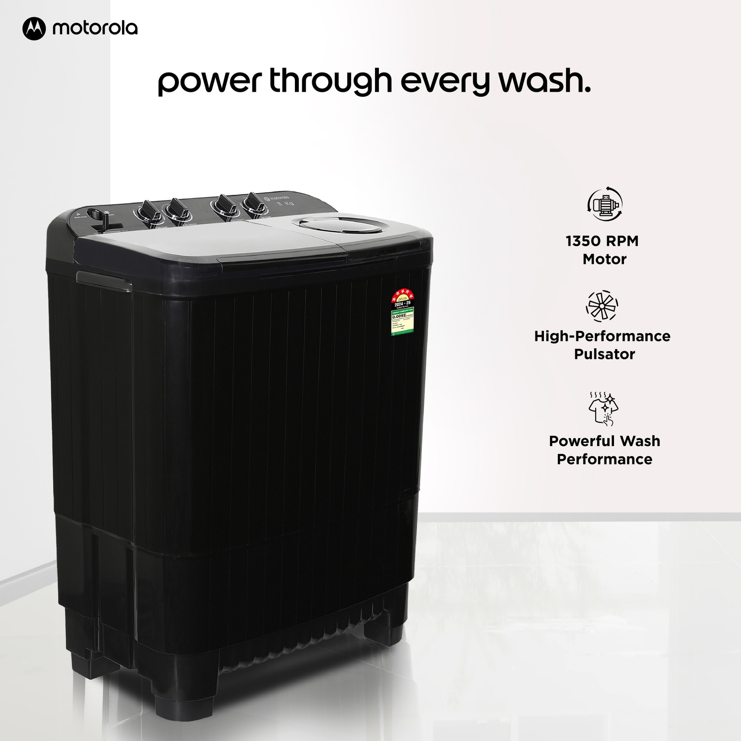 Image of MOTOROLA 11 kg Semi Automatic Top Load Washing Machine Black