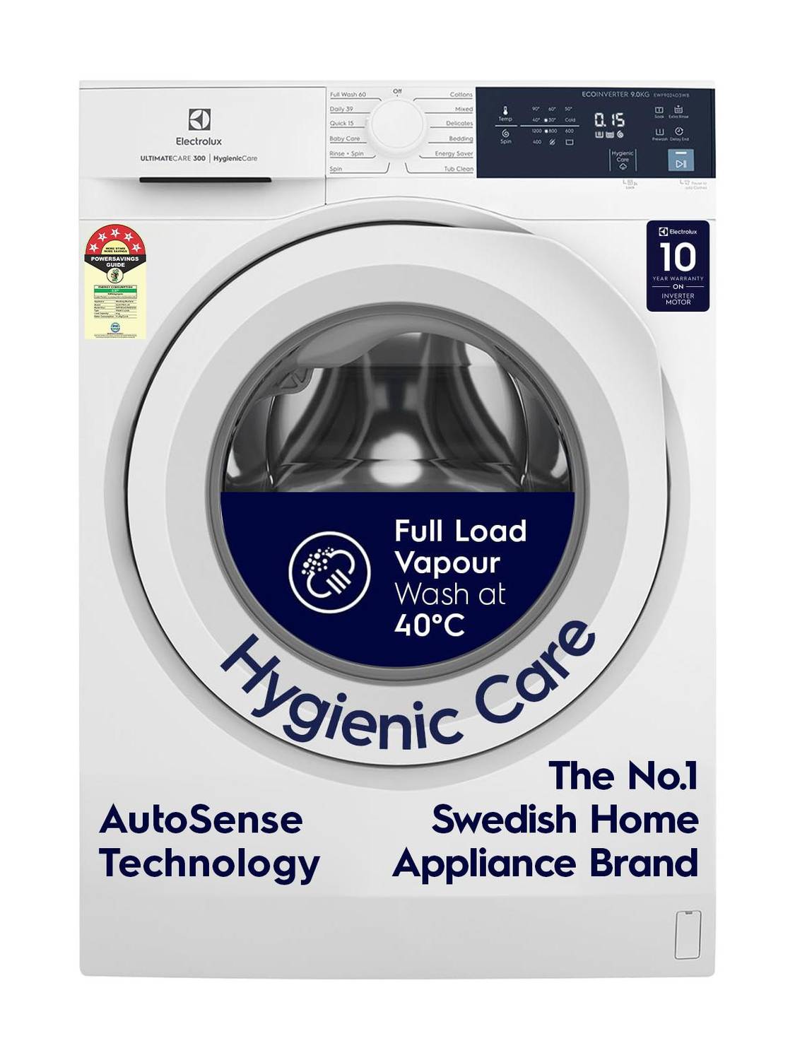 Electrolux 9 kg 5 Star EcoInverter, 40C Vapour Wash,UltimateCare 300 Fully Automatic Front Load Washing Machine White