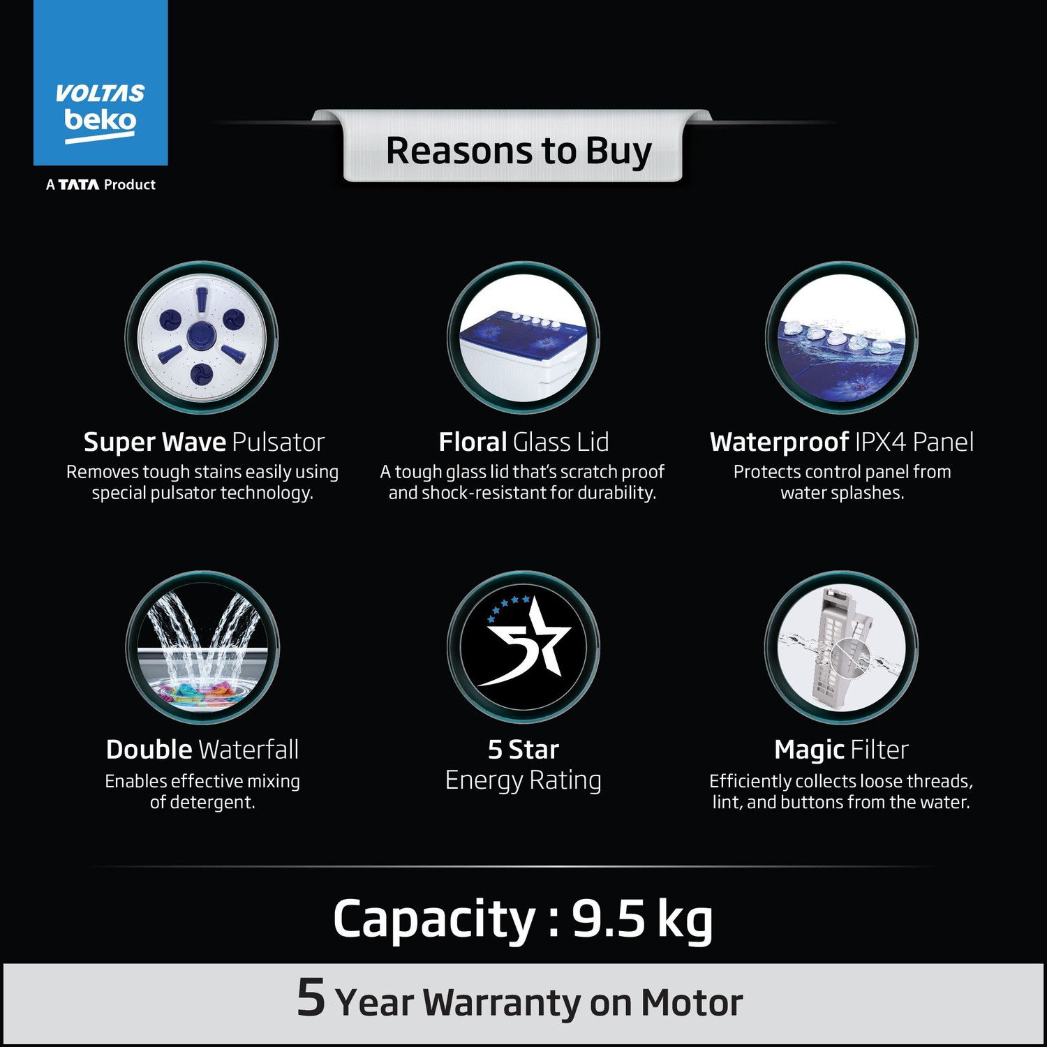 Image of Voltas Beko by A Tata Product 9.5 kg 5 Star Semi Automatic Top Load Washing Machine Blue