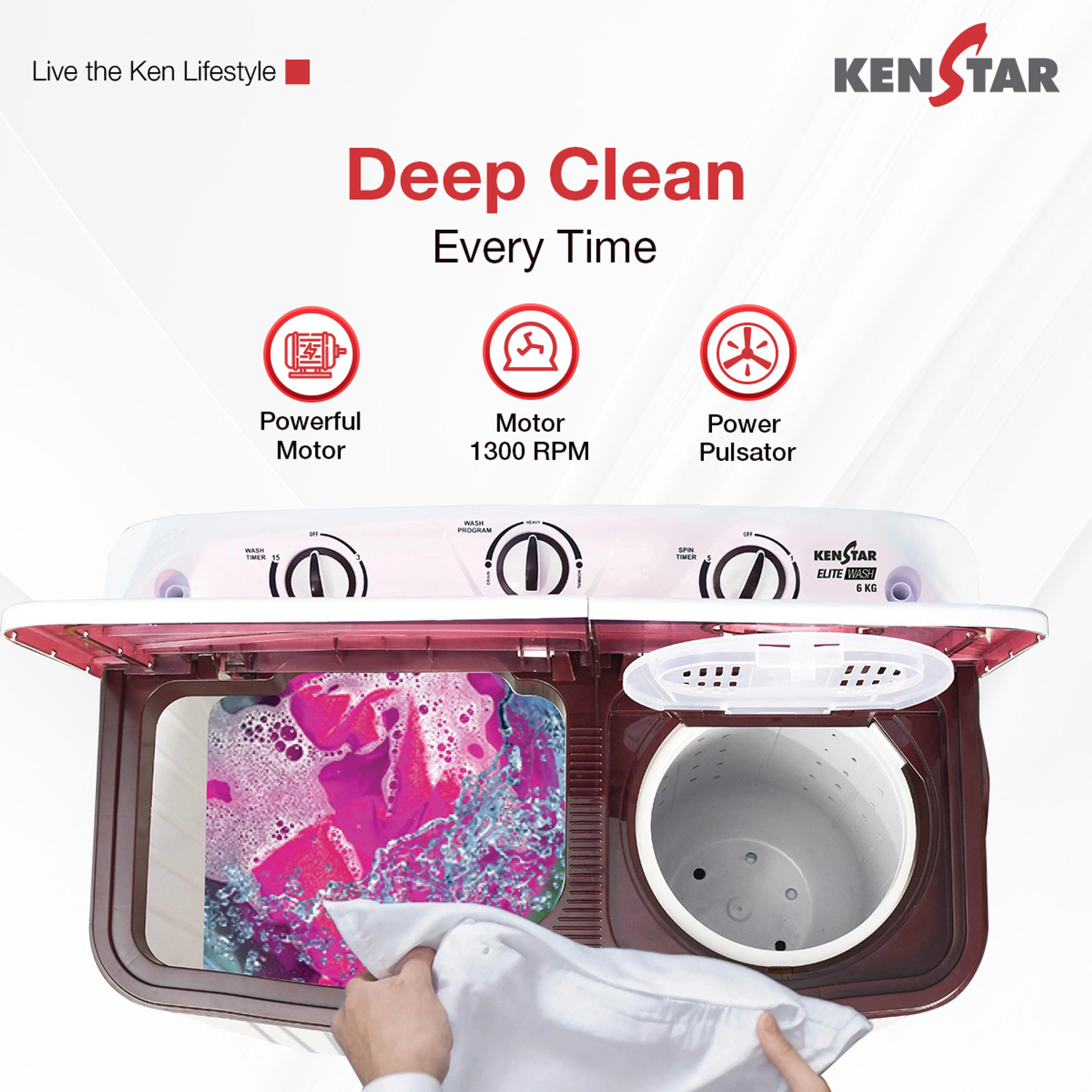 Image of Kenstar 6 kg Semi Automatic Top Load Washing Machine Maroon, White