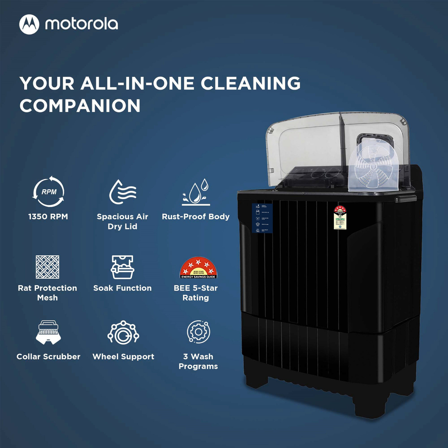 Image of MOTOROLA 8.5 kg 5 star rating Midnight Series Semi Automatic Top Load Washing Machine Black