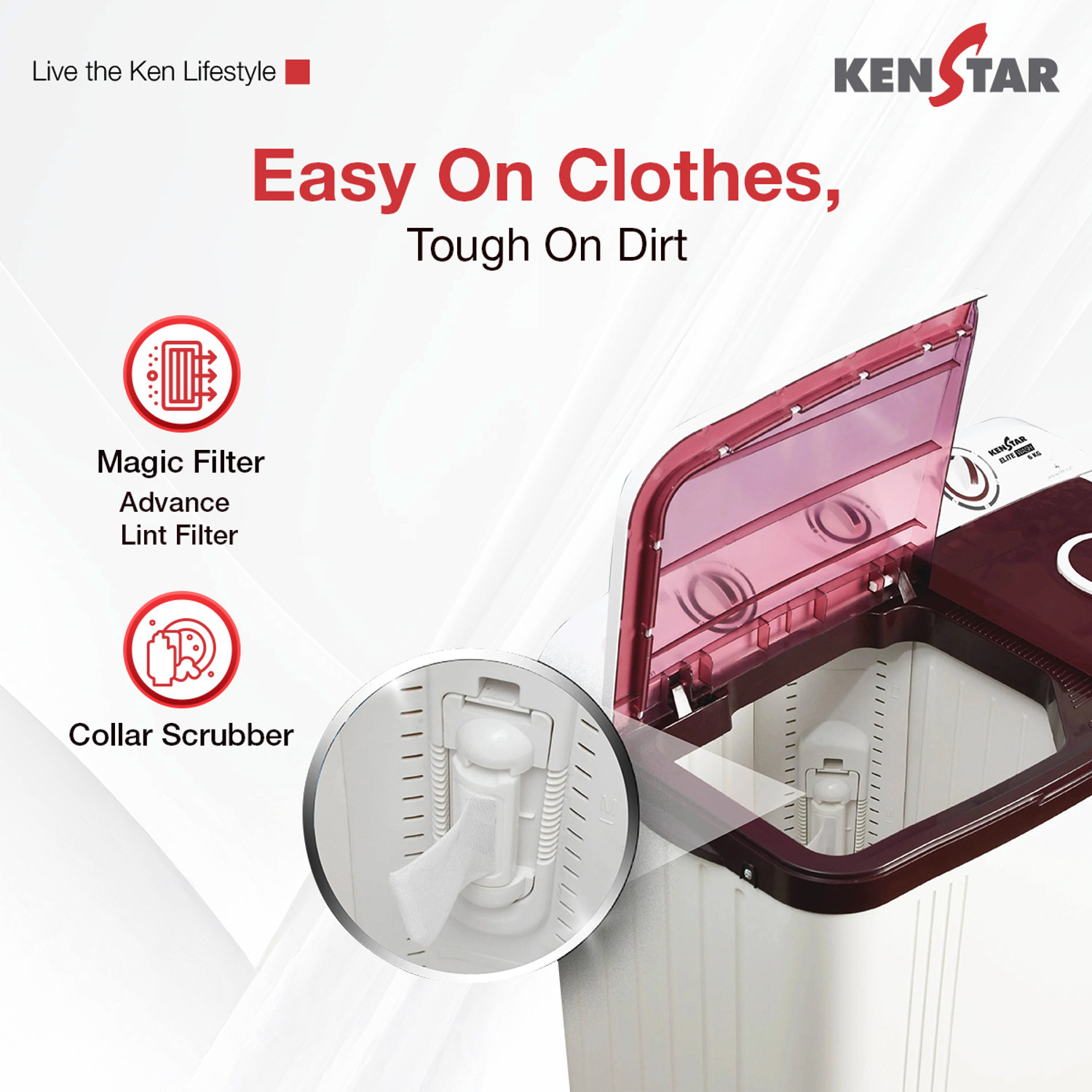 Image of Kenstar 6 kg Semi Automatic Top Load Washing Machine Maroon, White