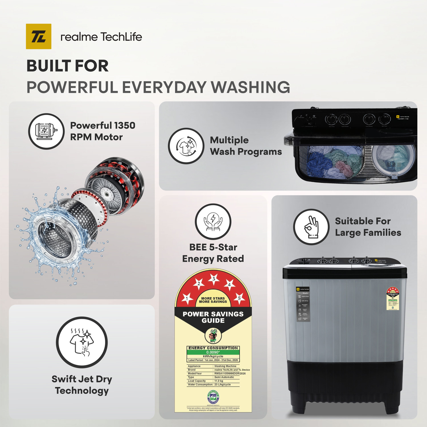 Image of realme TechLife 11 kg Semi Automatic Top Load Washing Machine Grey