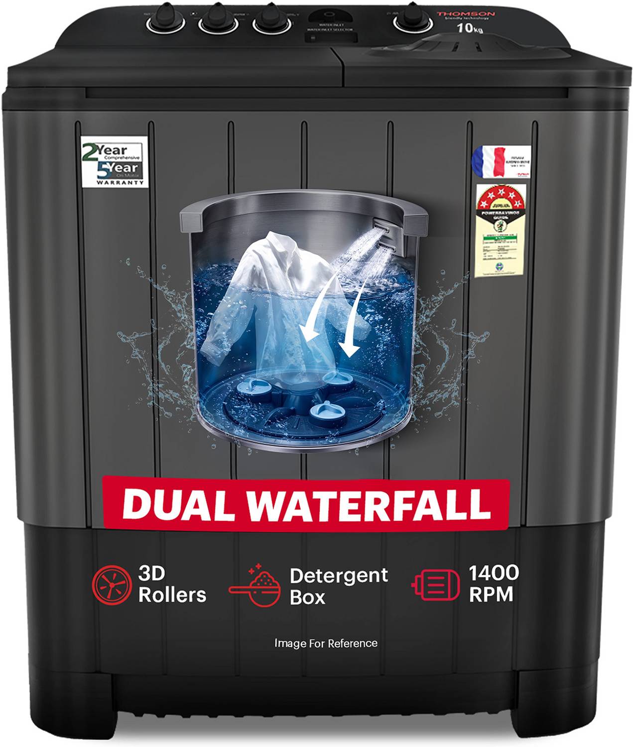 Thomson 10 kg 5 Star Aqua Magic with Double Waterfall, Detergent Box, 3D Rollers Technology, Magic Filter, Collar Scrubber, Turbo Dry Technology, Semi Automatic Top Load Washing Machine Black