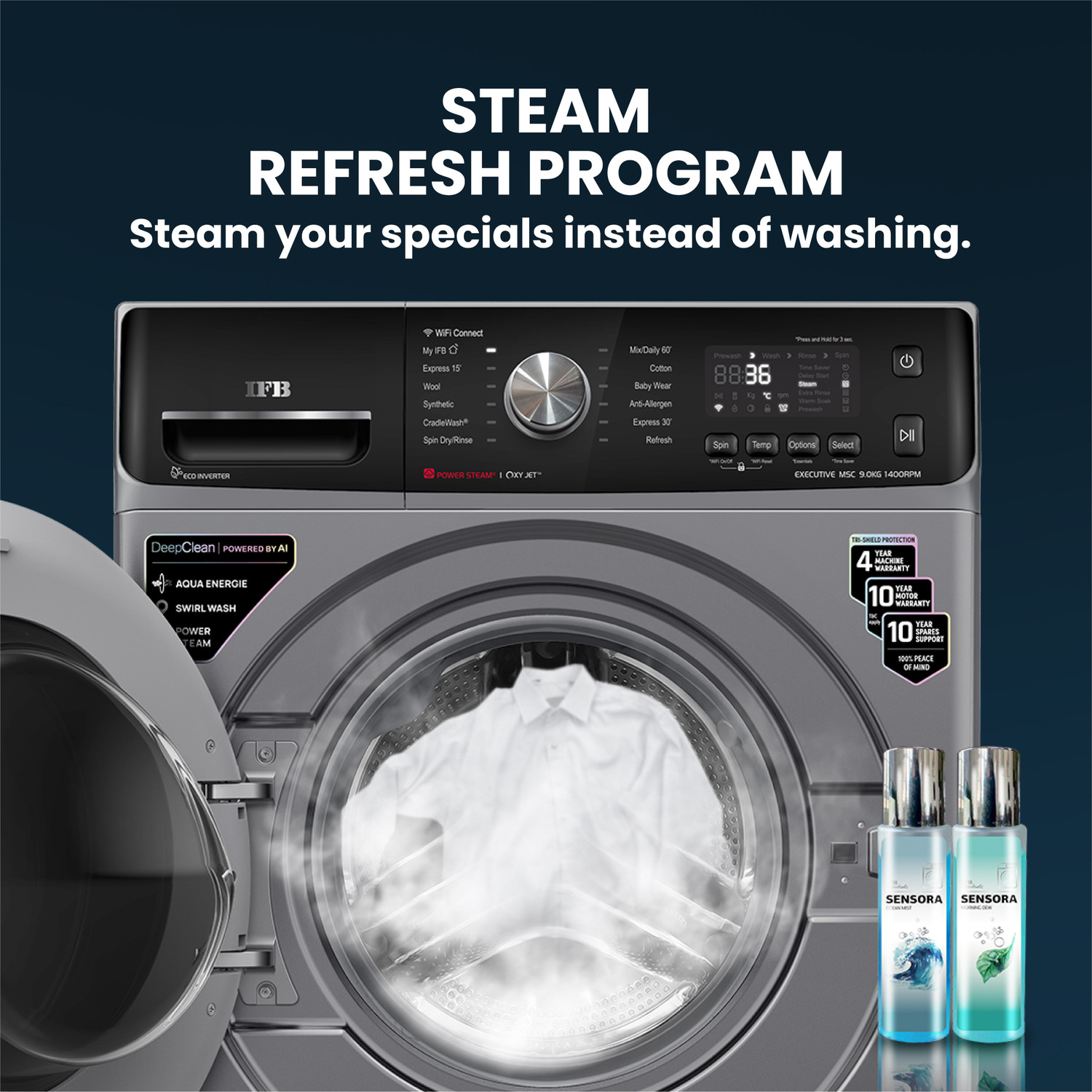 Image of IFB 9 kg 5 Star with Steam Refresh program, 9 Swirl Wash, Eco Inverter, with AI Fully Automatic Front Load Washing Machine with In-built Heater Black, Grey