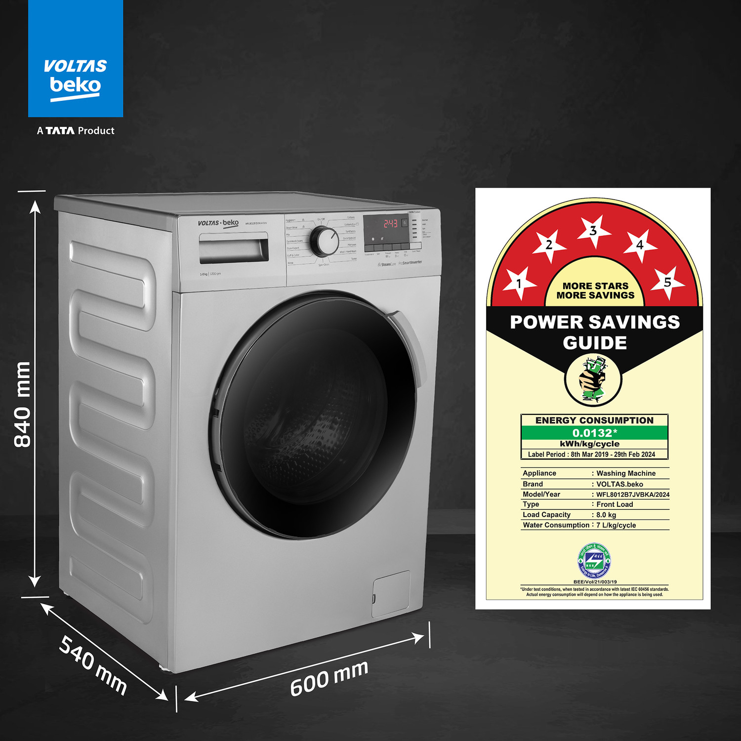 Image of Voltas Beko by A Tata Product 8 kg 5 Star Fully Automatic Front Load Washing Machine with In-built Heater Grey