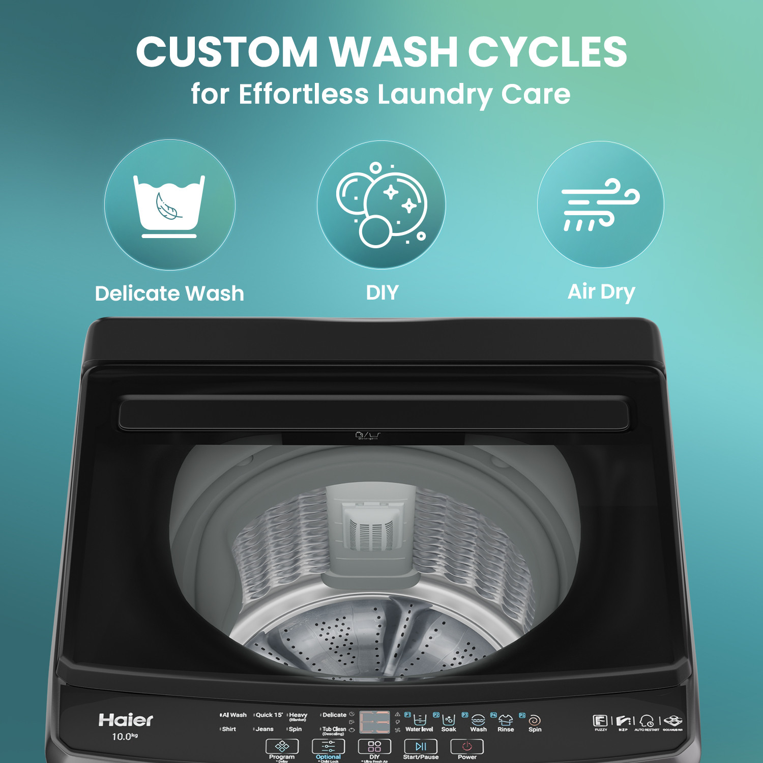 Image of Haier 10 kg Powerful Oceanus Wave Drum, Custom Wash Cycles with 15 Mins Quick Wash, Smart Fuzzy Control, Balance Clean Pulsator, Magic Filter, Castor Wheels Fully Automatic Top Load Washing Machine Black