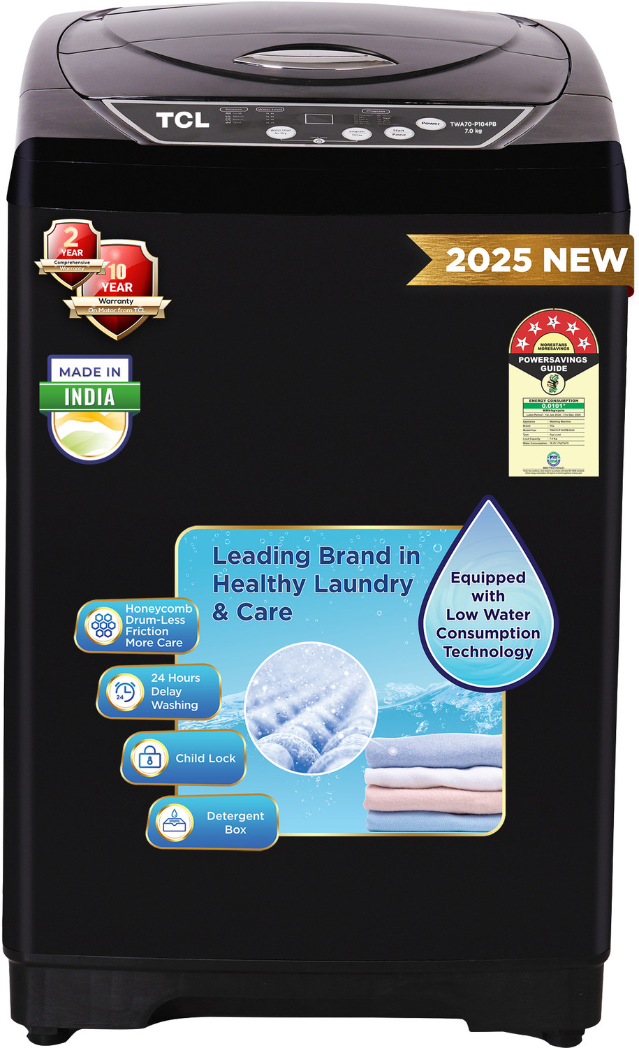 Image of TCL 7 kg 5 Star with 10 Wash Program and Detergent Dispenser, Child Lock with Magic Filter Fully Automatic Top Load Washing Machine Black