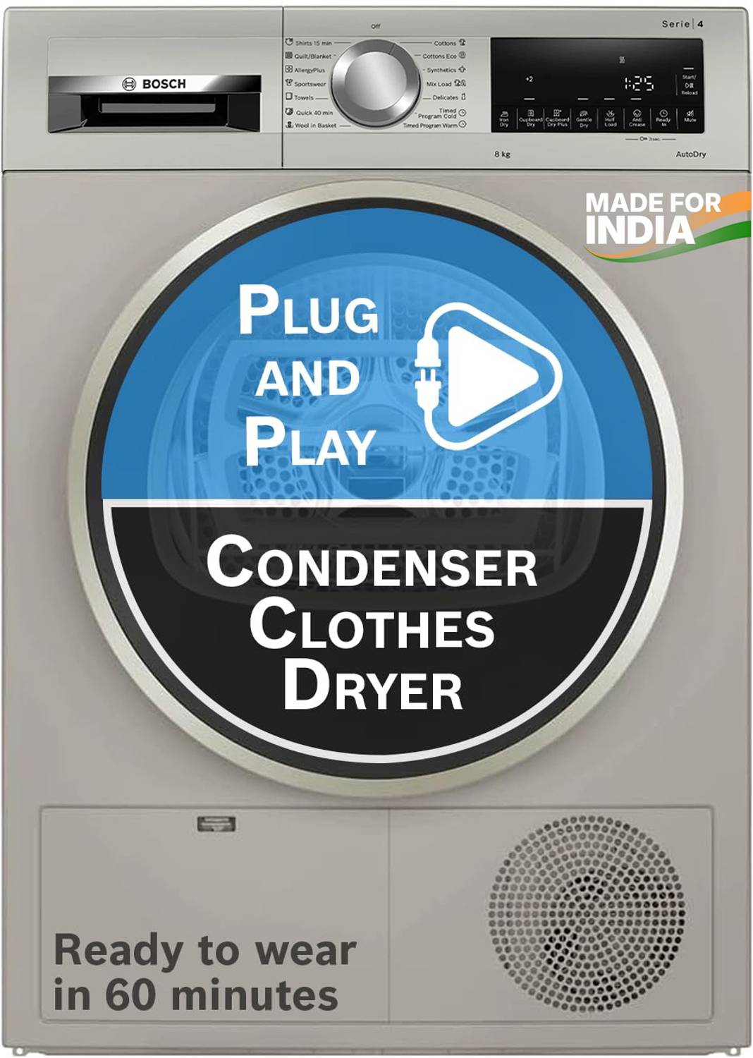 BOSCH 8 kg Tumble Dryer with In-built Heater Grey