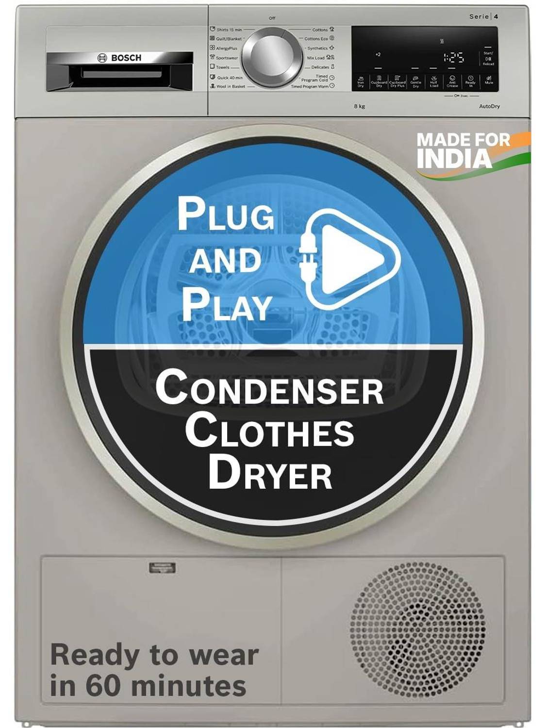 BOSCH 8 kg Tumble Dryer with In-built Heater Grey
