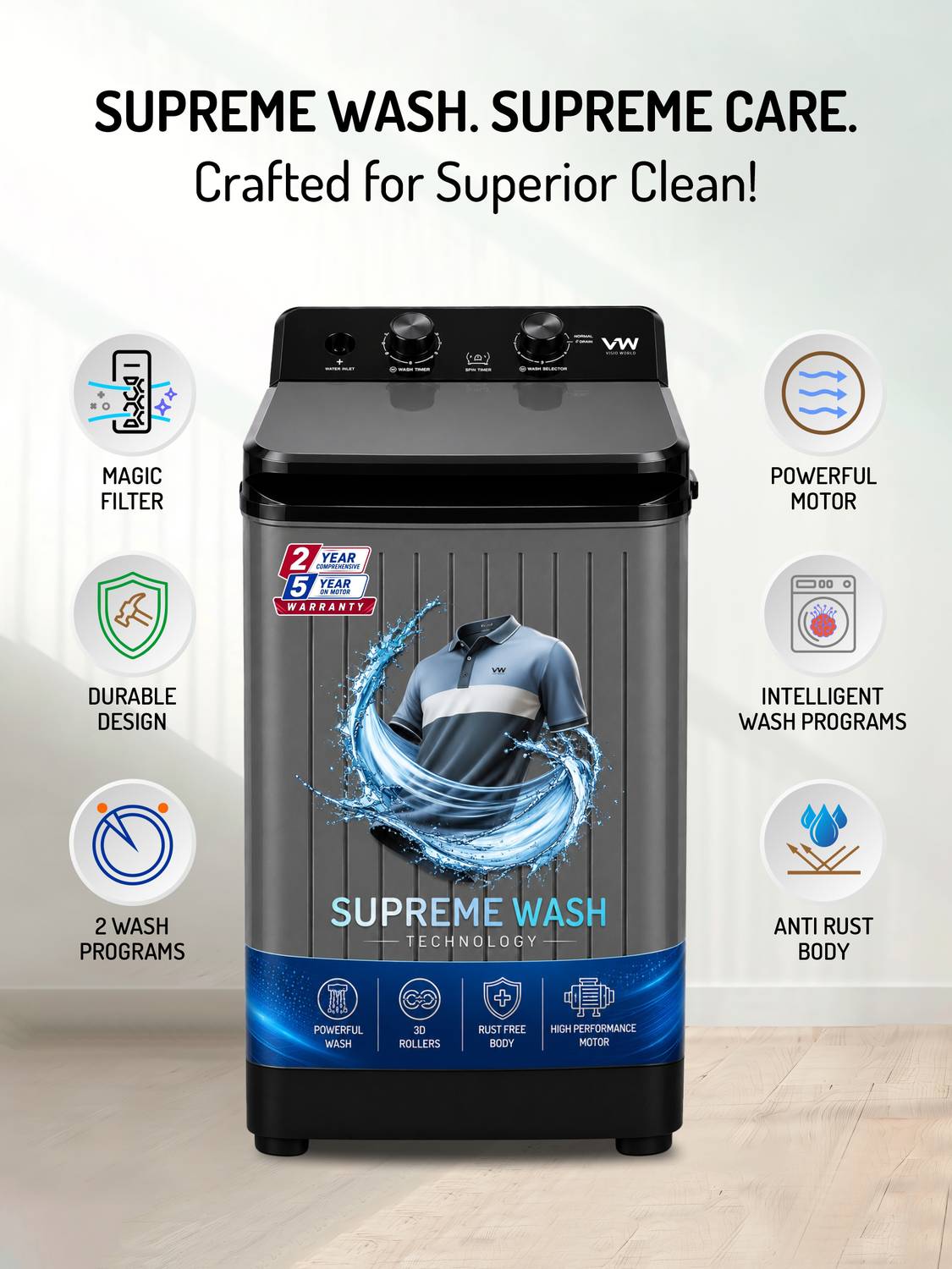 VW 8.5 kg Semi-Automatic Top Load Washer Grey - Image 2